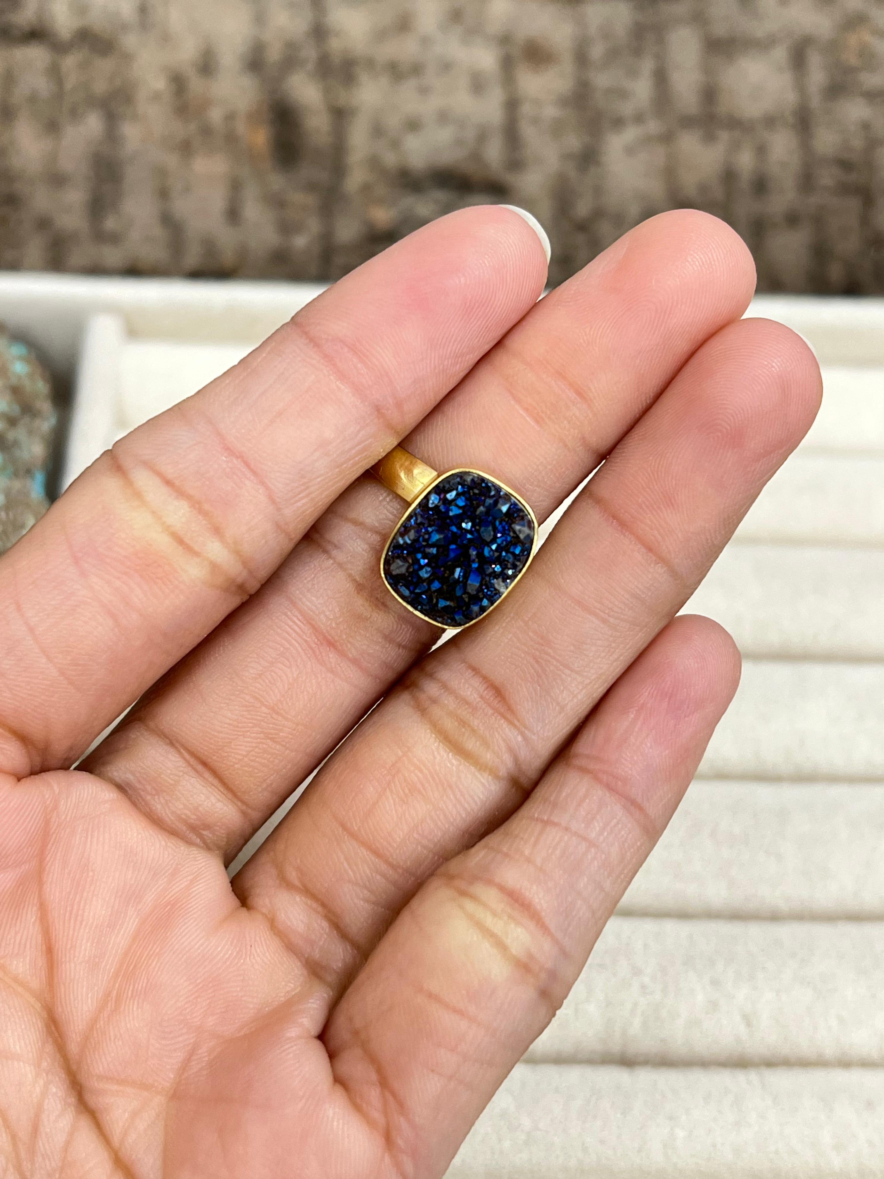 “The Boho Collection” Handmade Blue Druzy Adjustable Ring with Signed Nizhoni
