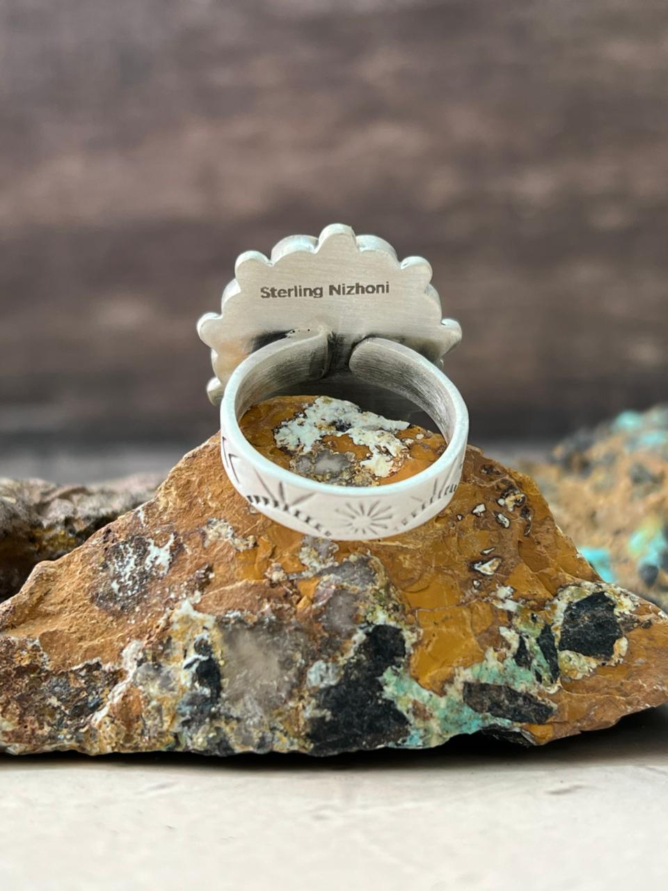 Handmade Sterling Silver White Buffalo Turquoise Adjustable Ring "Signed Nizhoni"