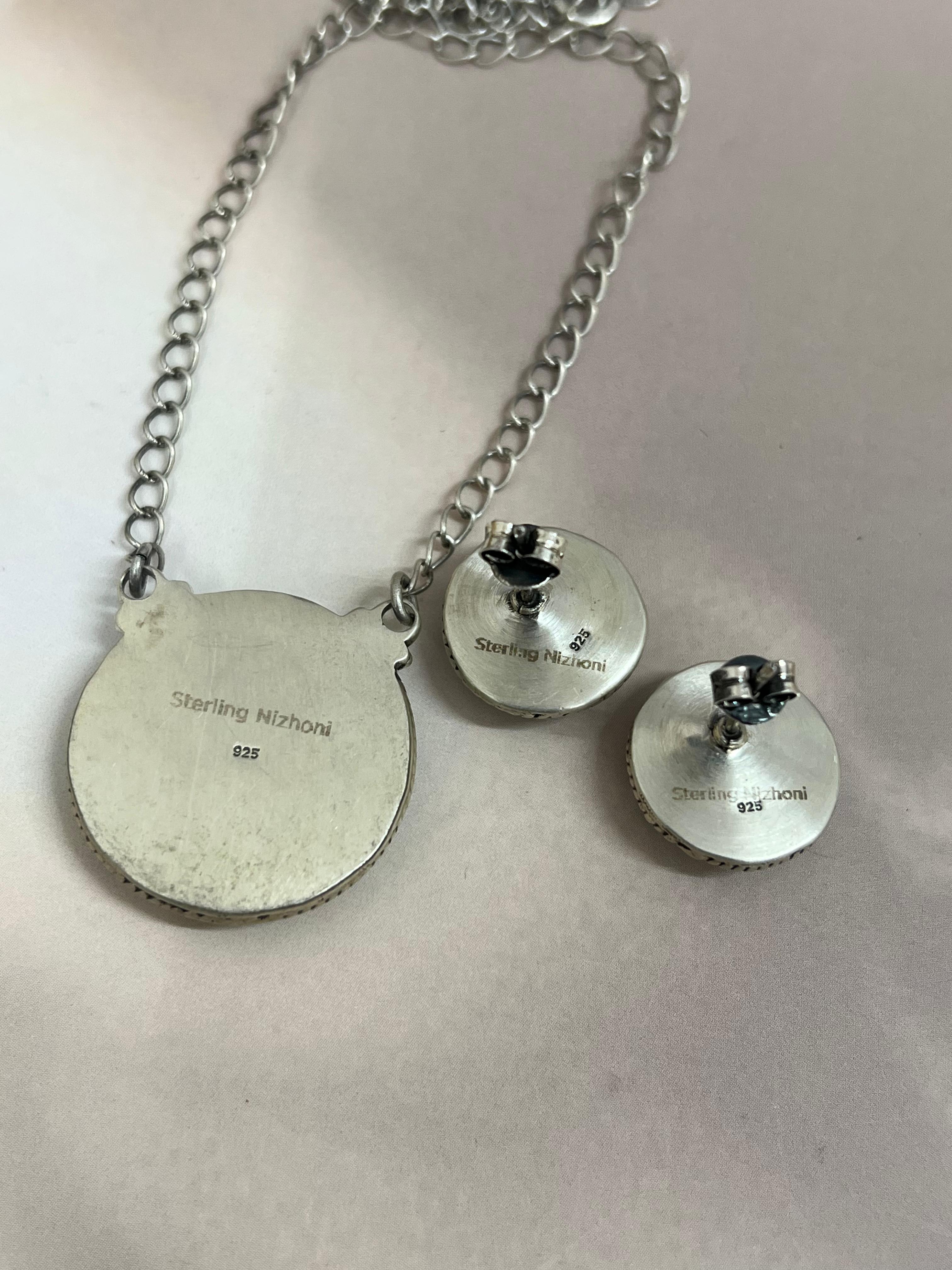 Handmade Sterling Silver Blackjack Turquoise Necklace Earrings Set with Signed Nizhoni