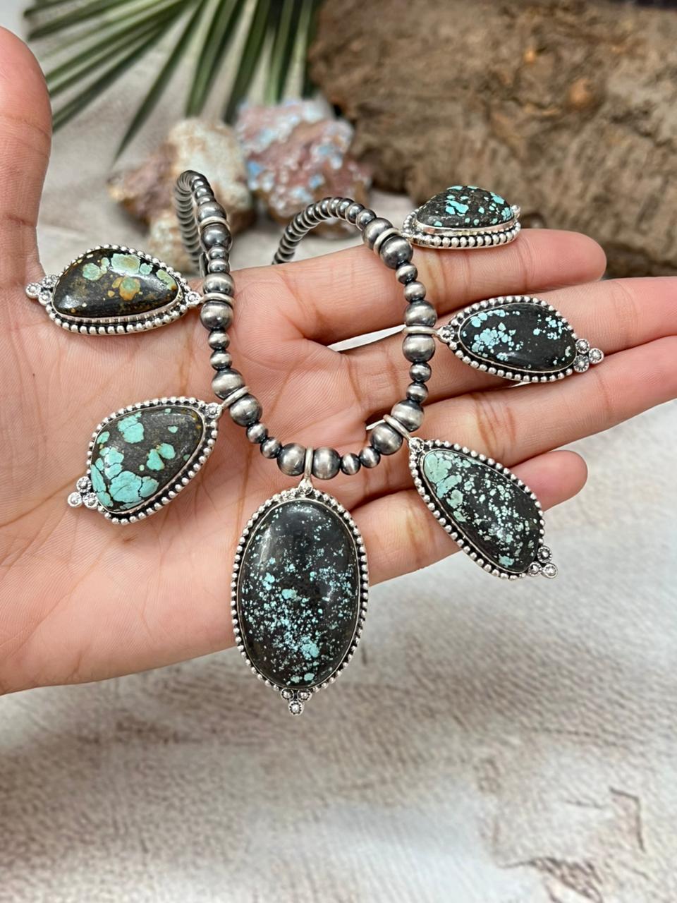 Handmade Sterling Silver Lander Turquoise Beaded Necklace with Signed Nizhoni