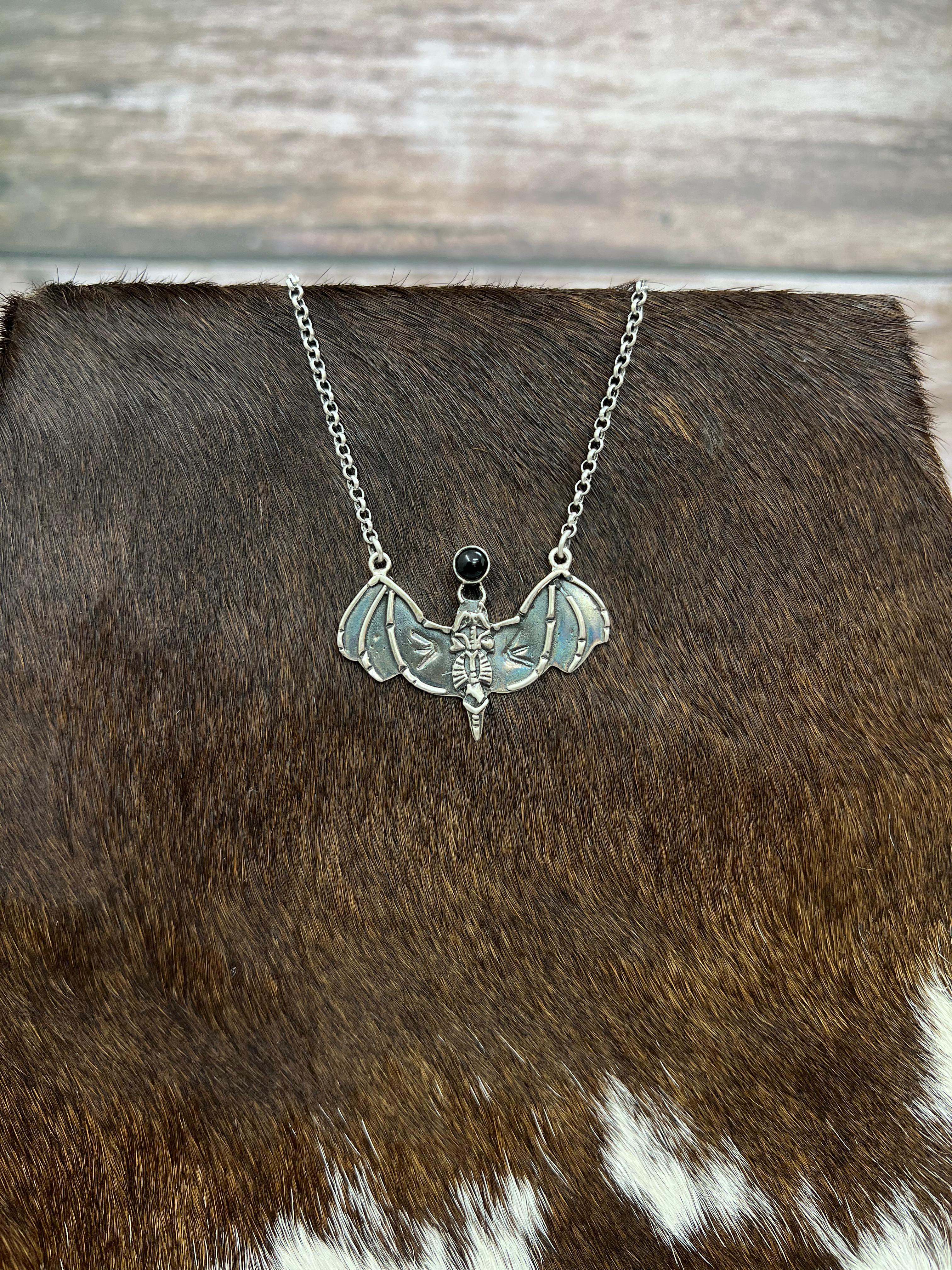 "Halloween Collection" Handmade Sterling Silver Black Onyx Bat Necklace with Signed Nizhoni