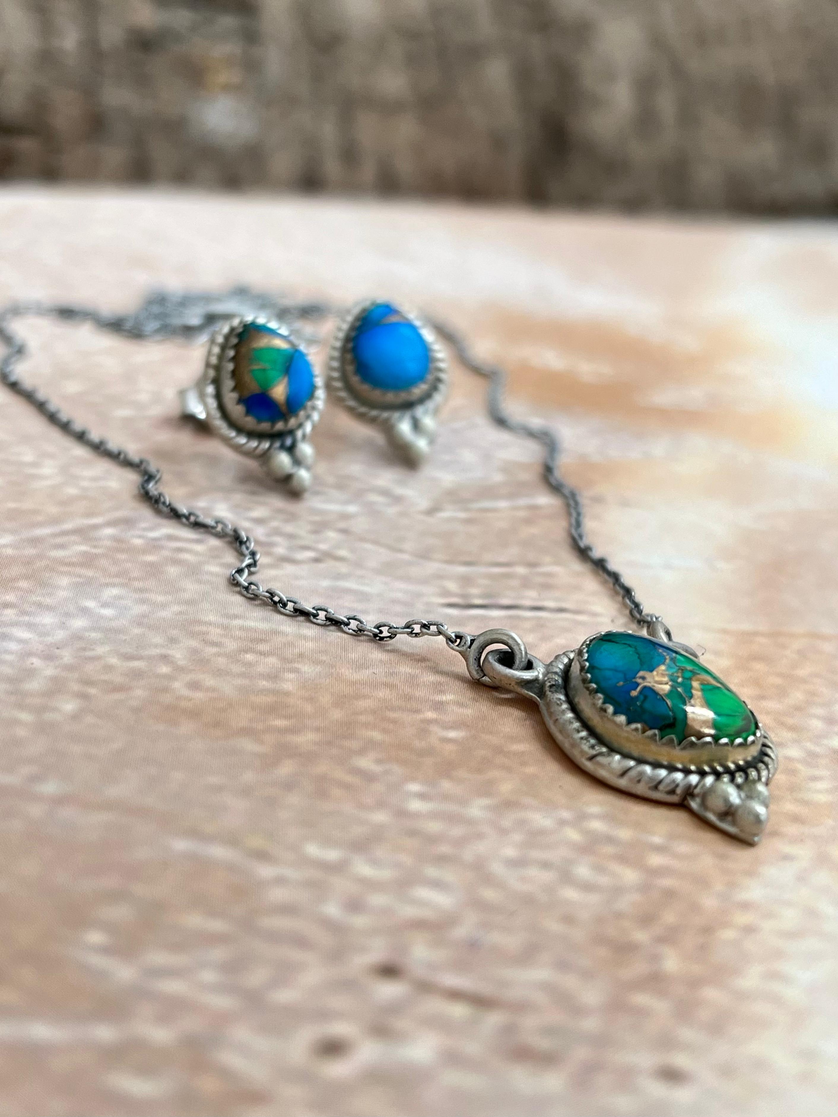 Handmade Sterling Silver Peacock Dahlia Necklace Earrings Set with Signed Nizhoni