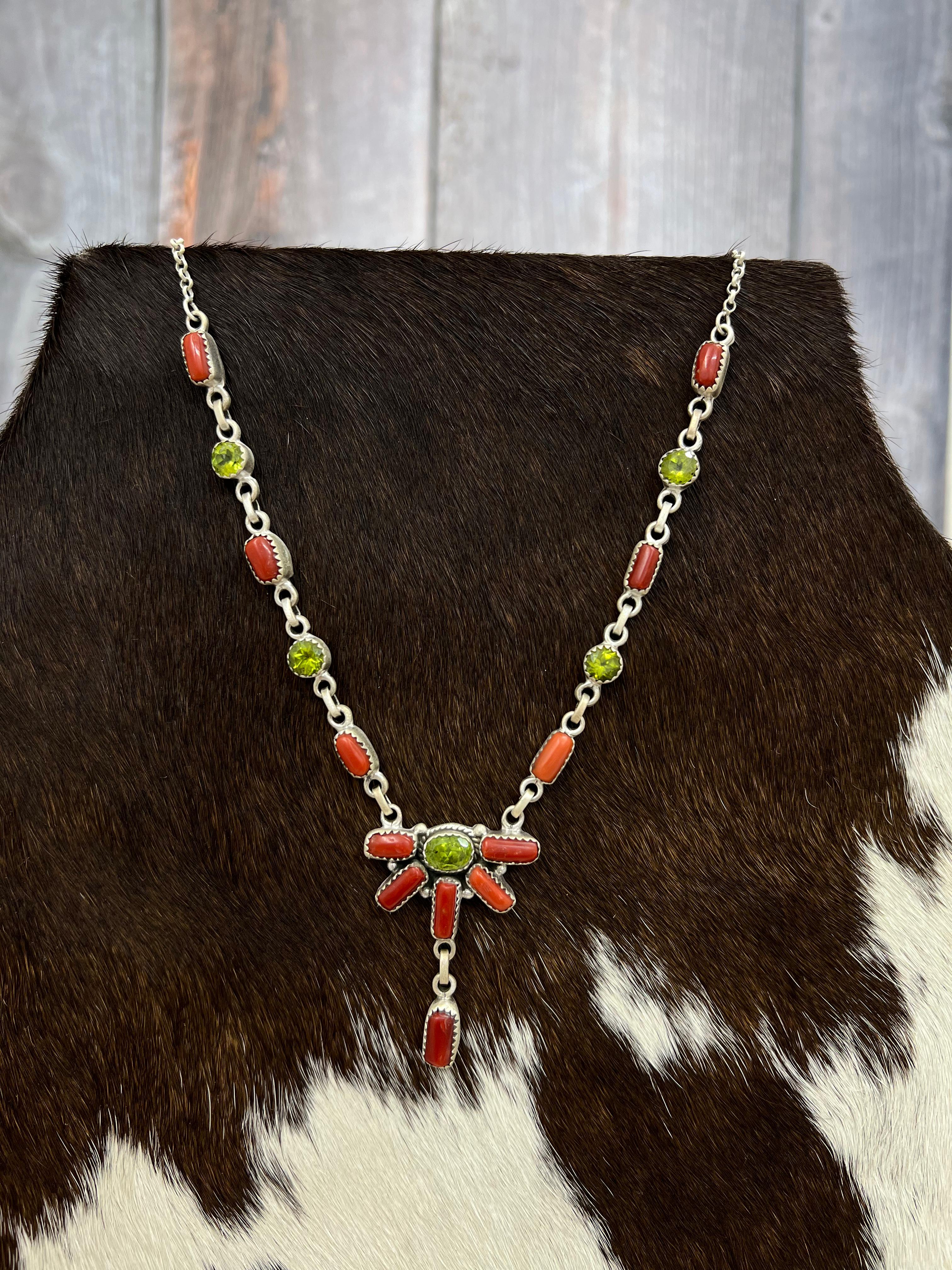 Christmas Collection Handmade Sterling Silver Coral with Peridot Necklace with Signed Nizhoni
