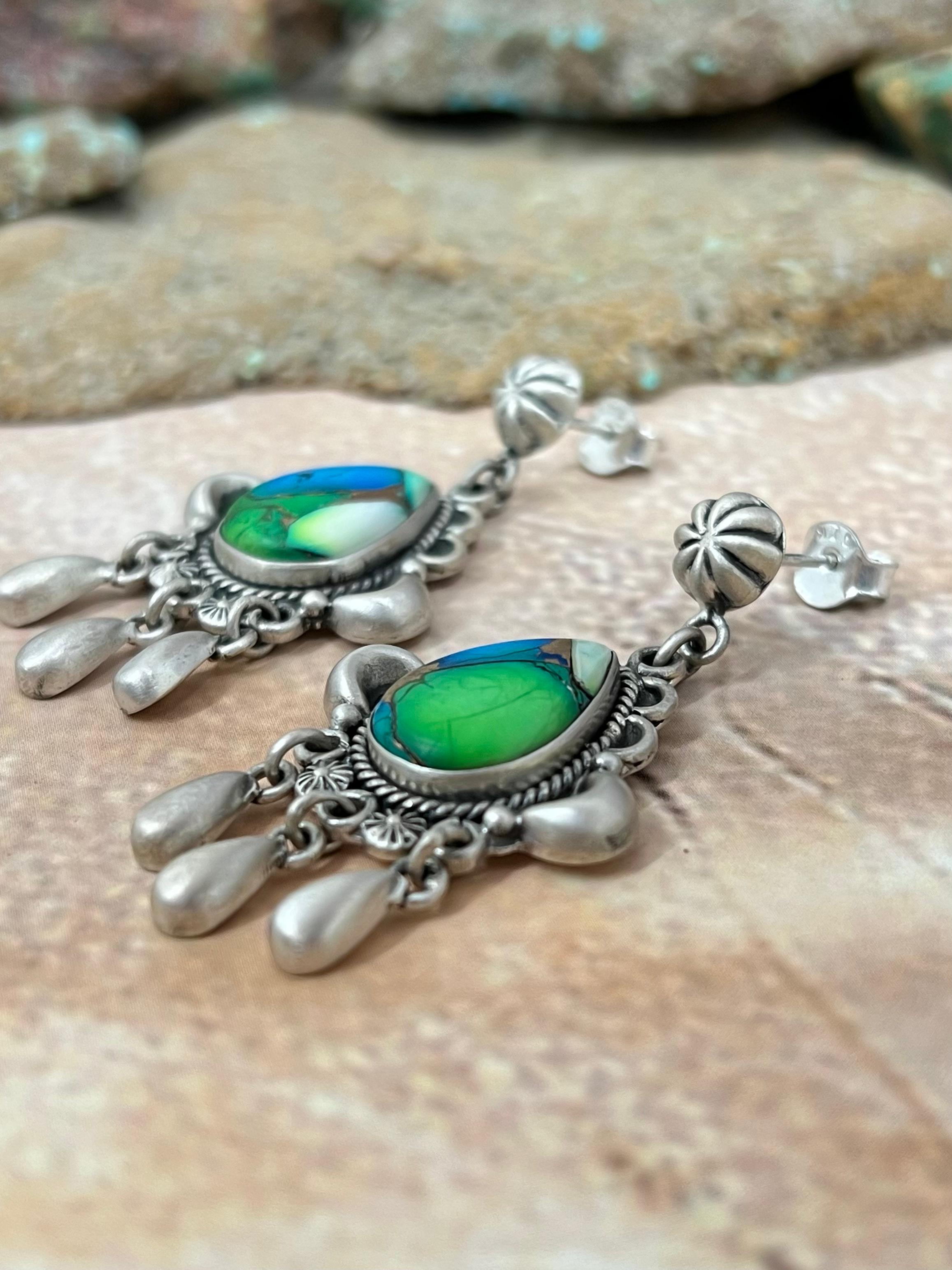 Handmade Sterling Silver Peacock Dahlia Post Earrings with Signed Nizhoni
