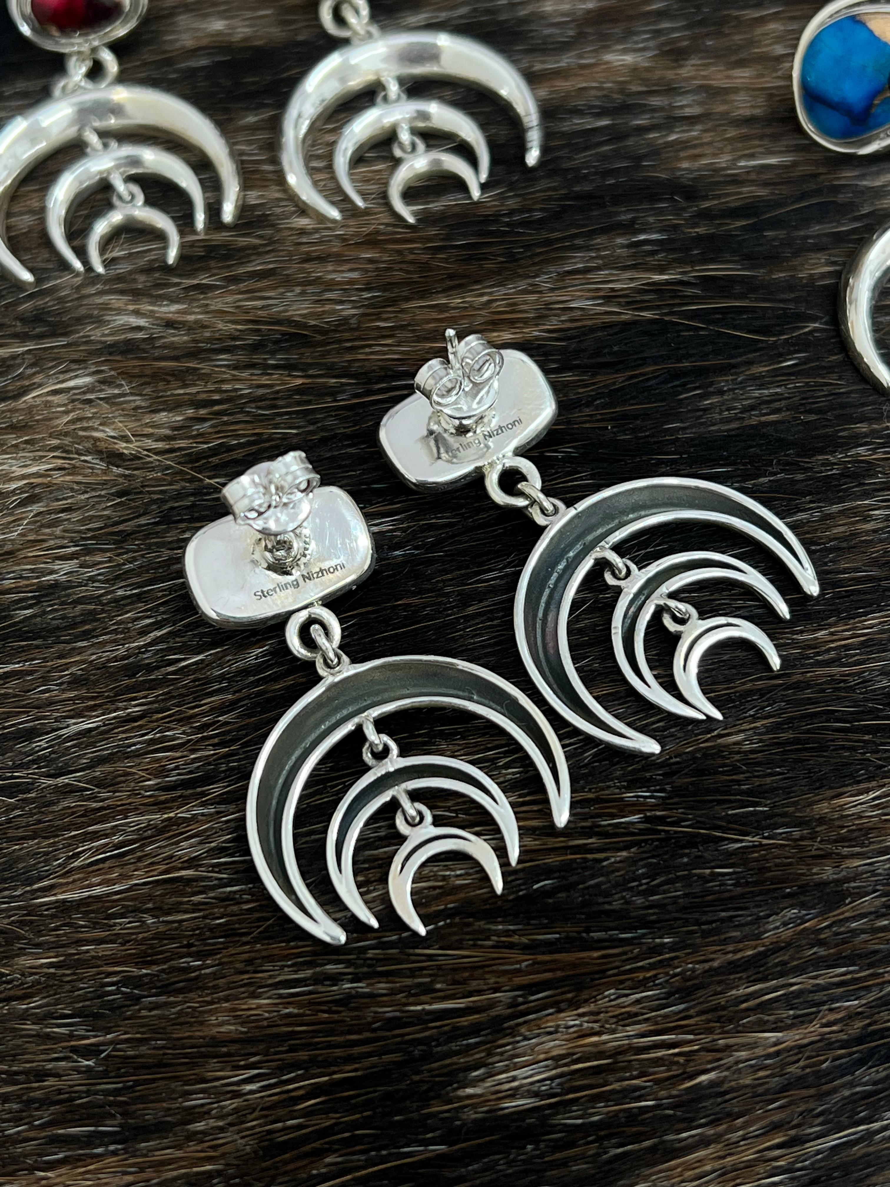 Handmade Sterling Silver Peacock Dahlia, Cotton Candy, Dahlia Rose Moon Shape Earrings, Signed Nizhoni