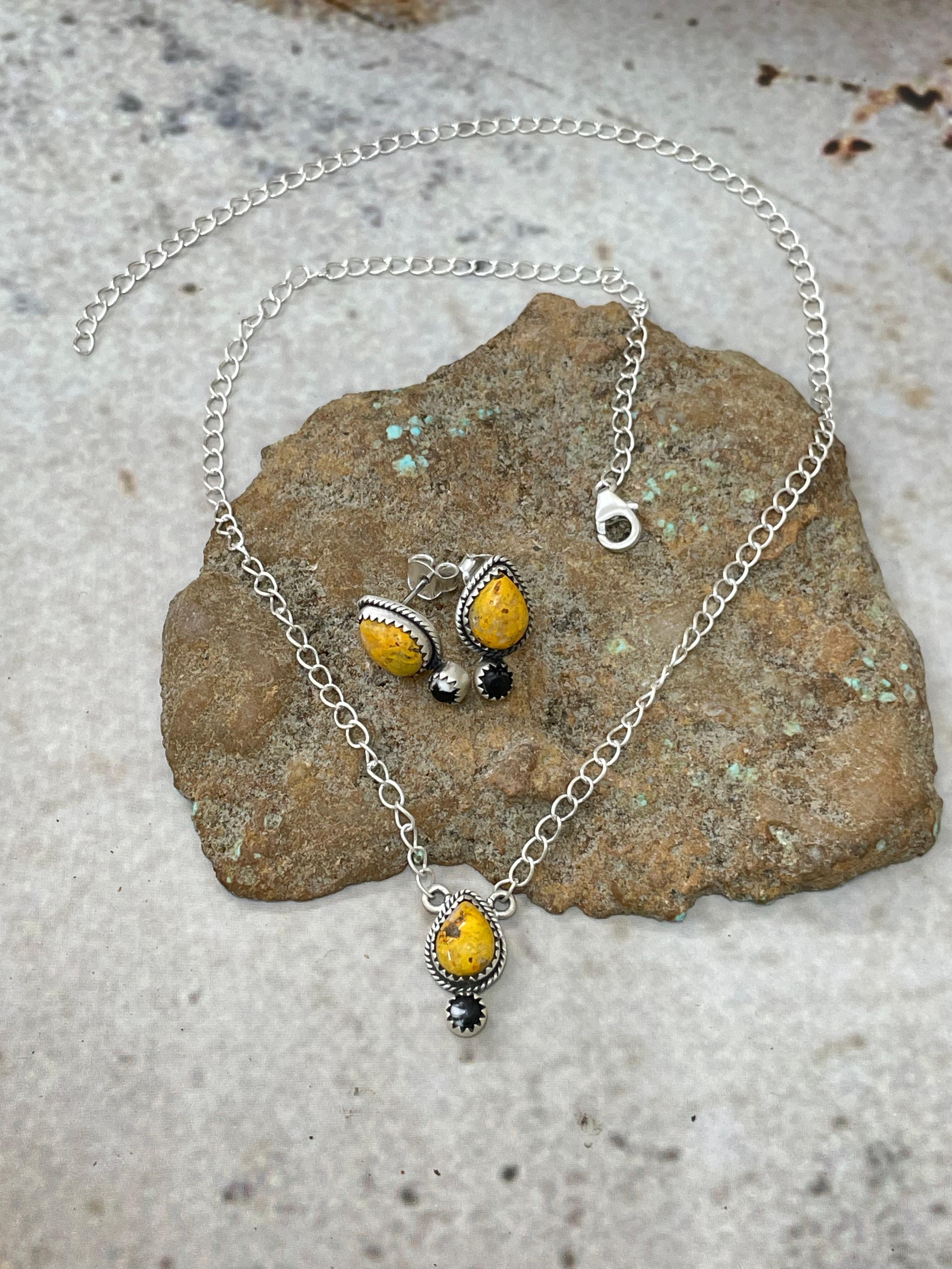 "Halloween Collection" Handmade Sterling Silver Black Onyx, Bumblebee Necklace Earring Set, Signed Nizhoni
