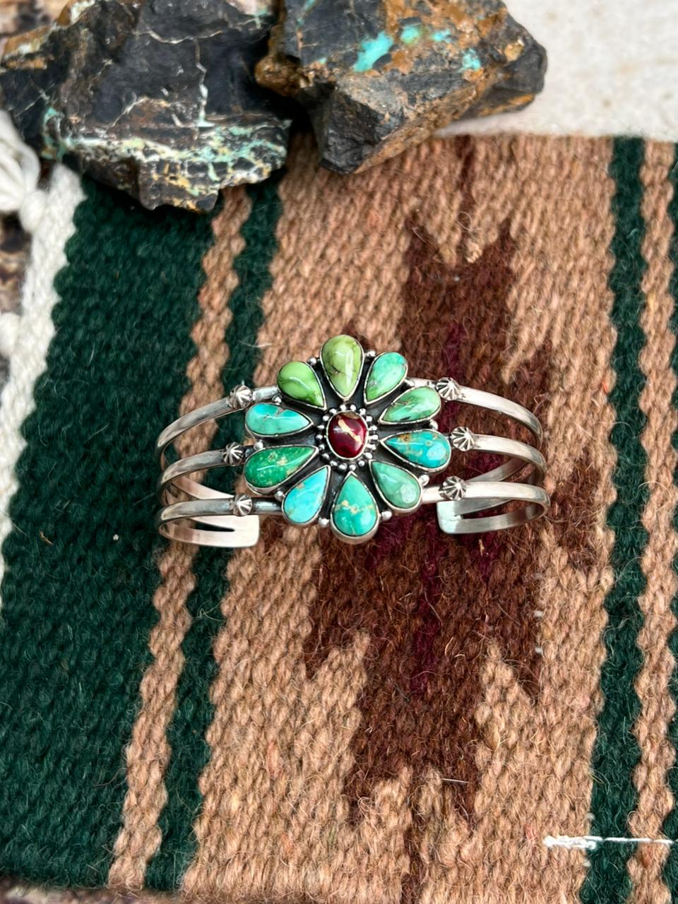 Handmade Sterling Silver Dahlia Rose with Emerald Valley Turquoise Cuff Bracelet "Signed Nizhoni"