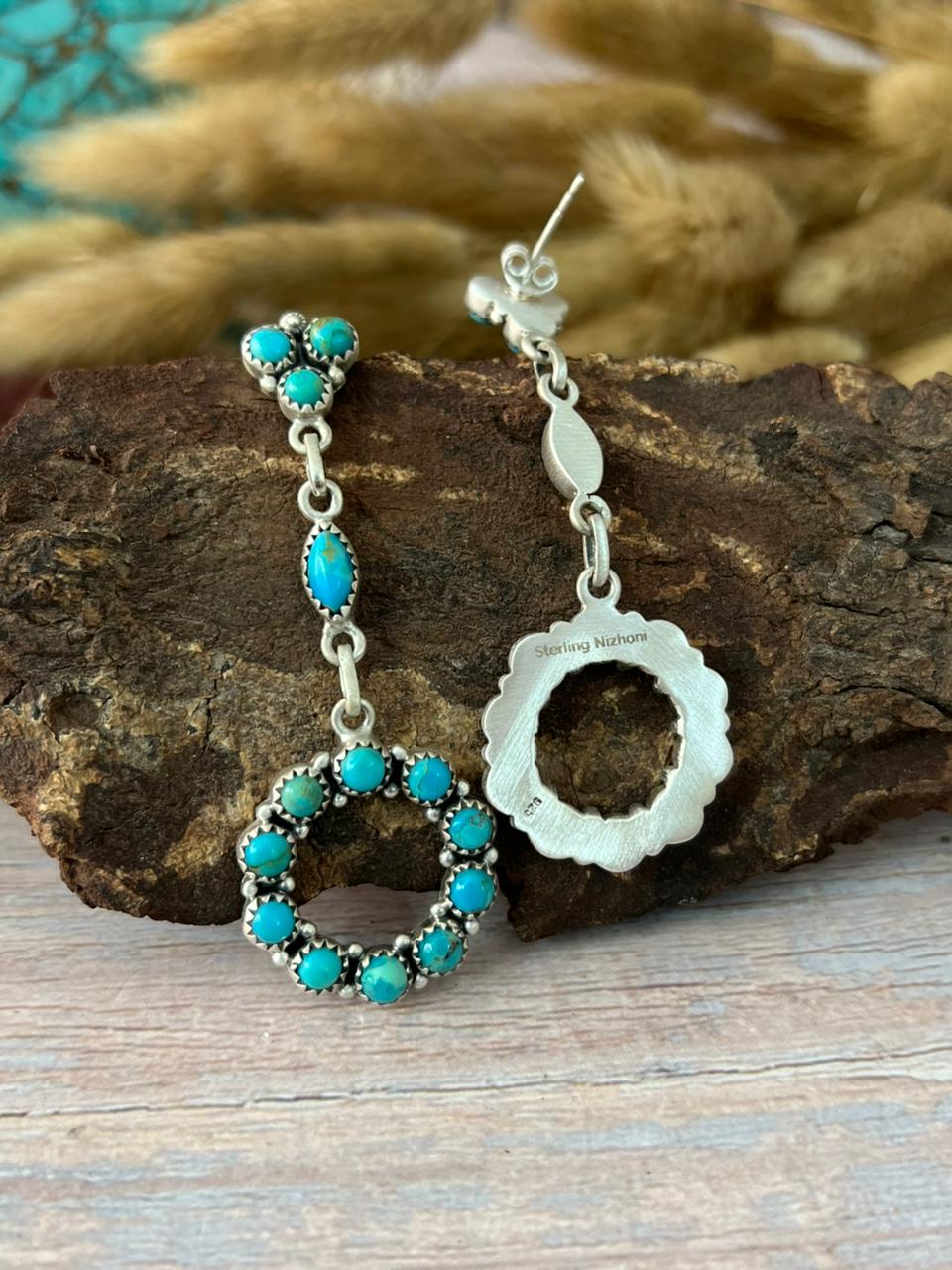Handmade Sterling Silver Kingman Turquoise Post Dangle Earrings "Signed Nizhoni"