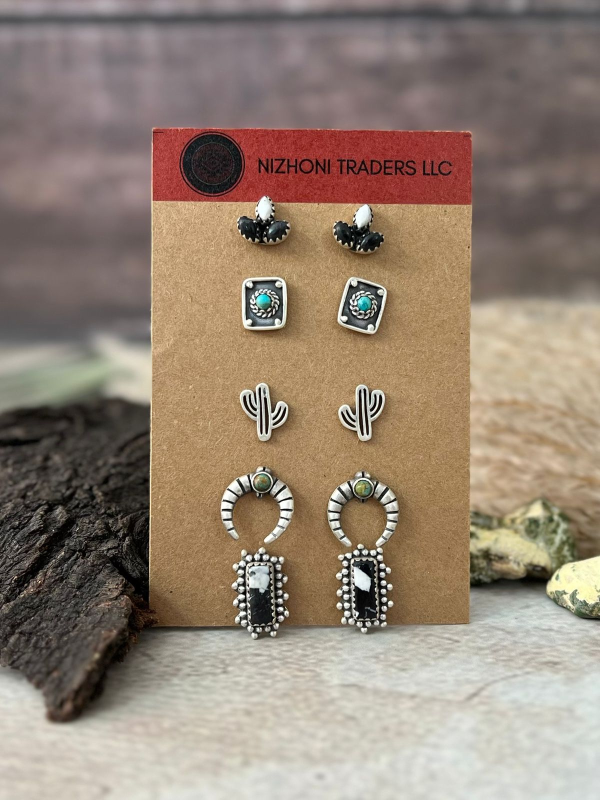 Handmade Sterling Silver Kingman Turquoise with White Buffalo Post Studs Earrings Card