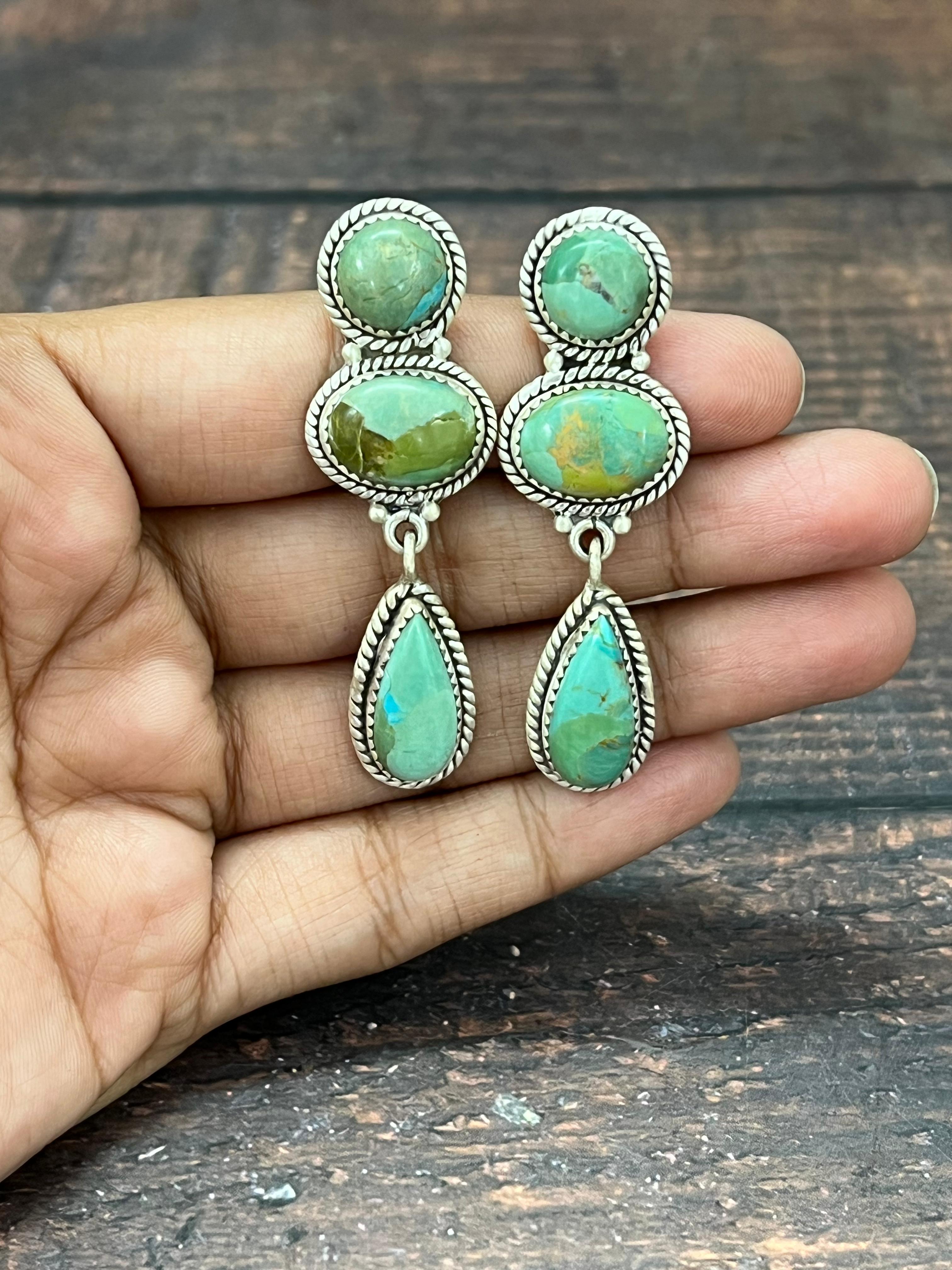 Handmade Sterling Silver Kingman Turquoise Post Dangle Earrings with Signed Nizhoni