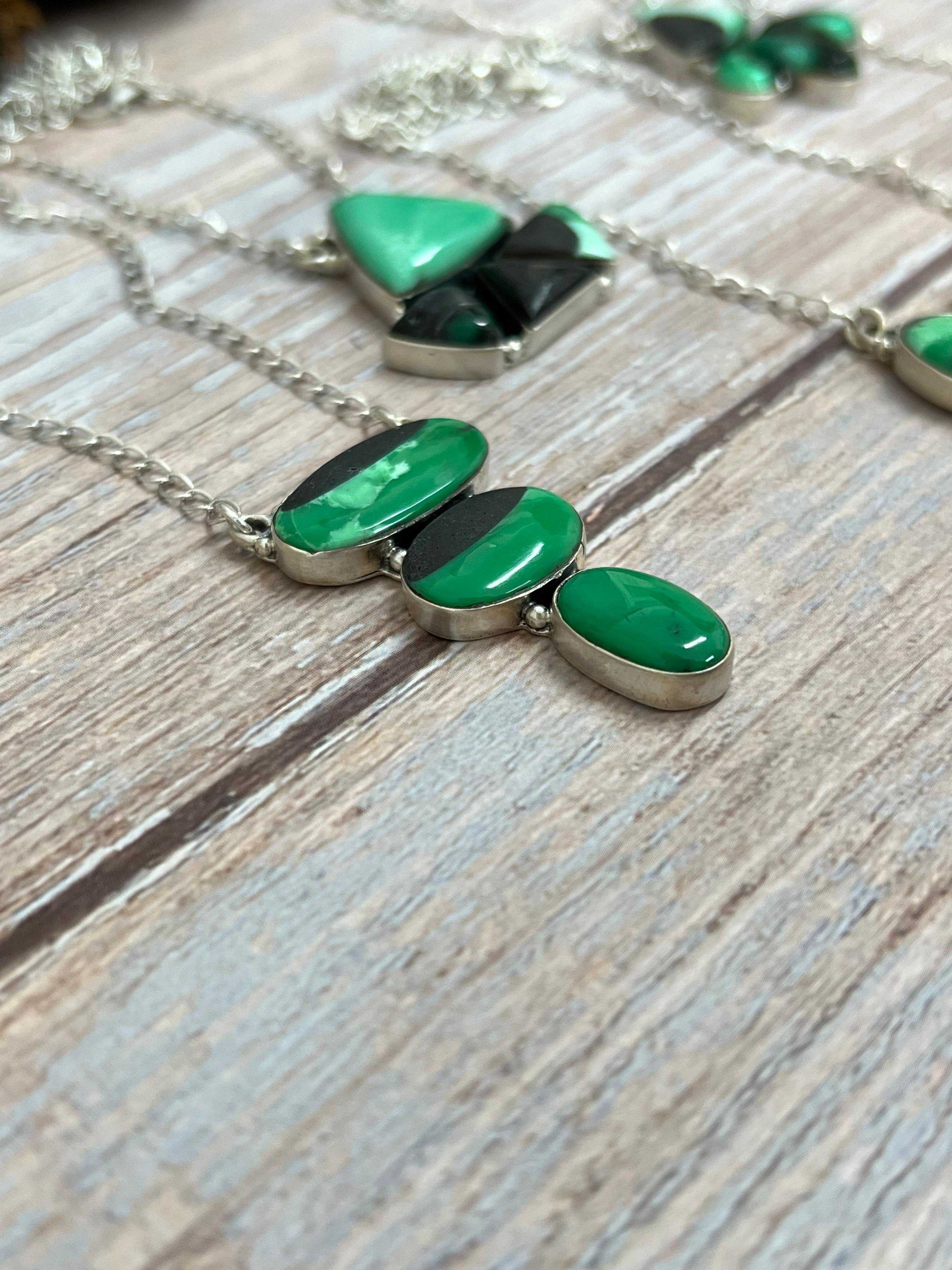 Handmade Sterling Silver Emerald Rose Necklace with Signed Nizhoni