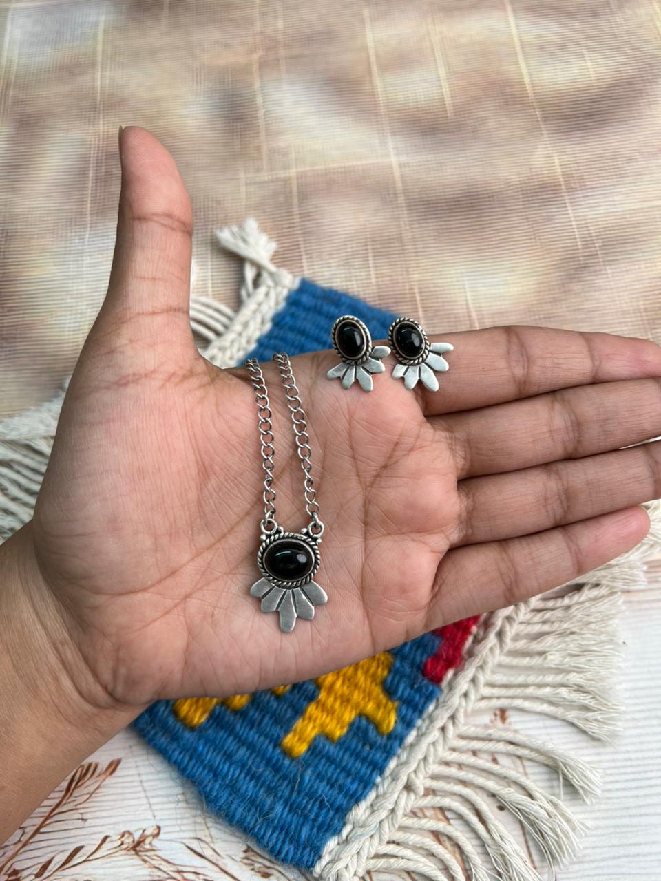 Handmade Sterling Silver Black Onyx Necklace Earrings Set "Signed Nizhoni"