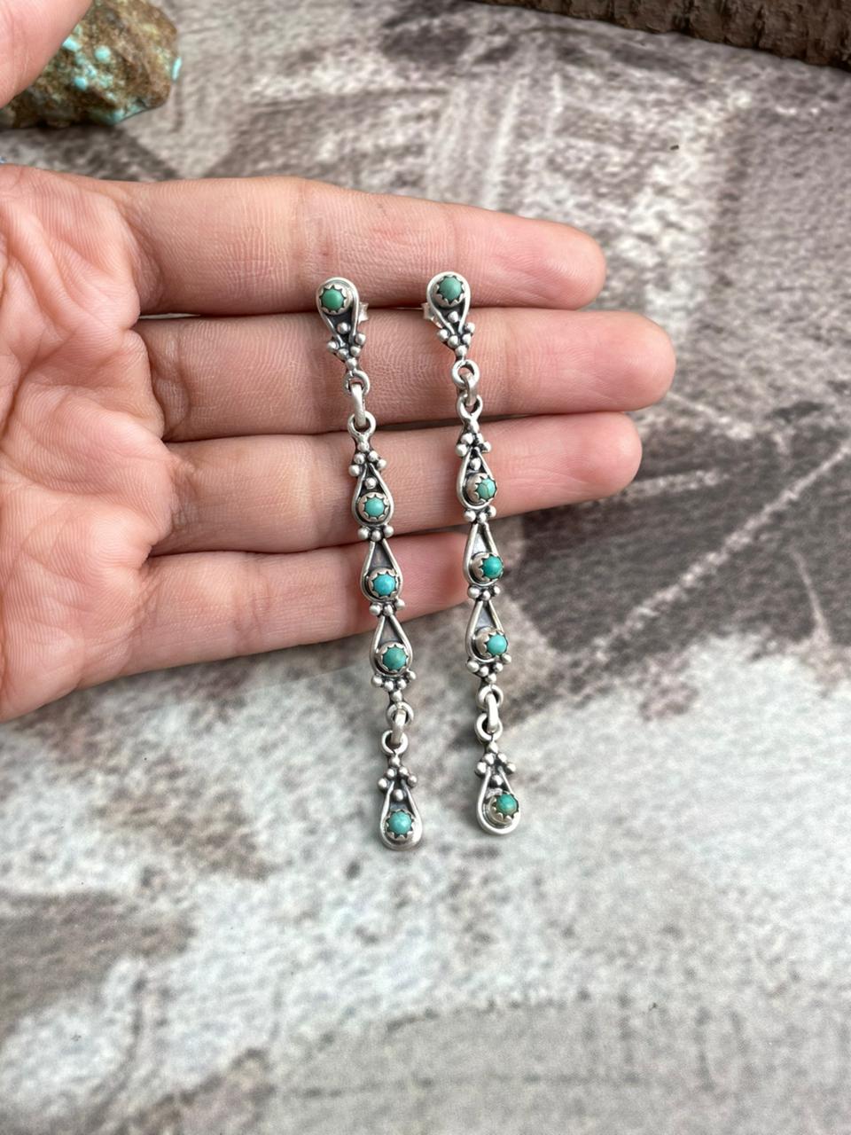 Handmade Sterling Silver Kingman Turquoise Post Dangle Earrings with Signed Nizhoni