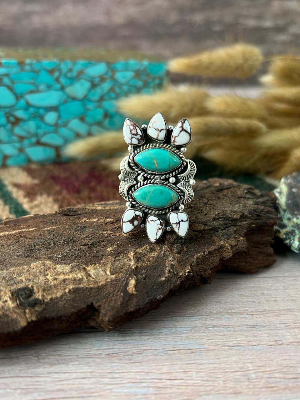 Handmade Sterling Silver Kingman with Wildhorse Magnesite Adjustable Ring "Signed Nizhoni"