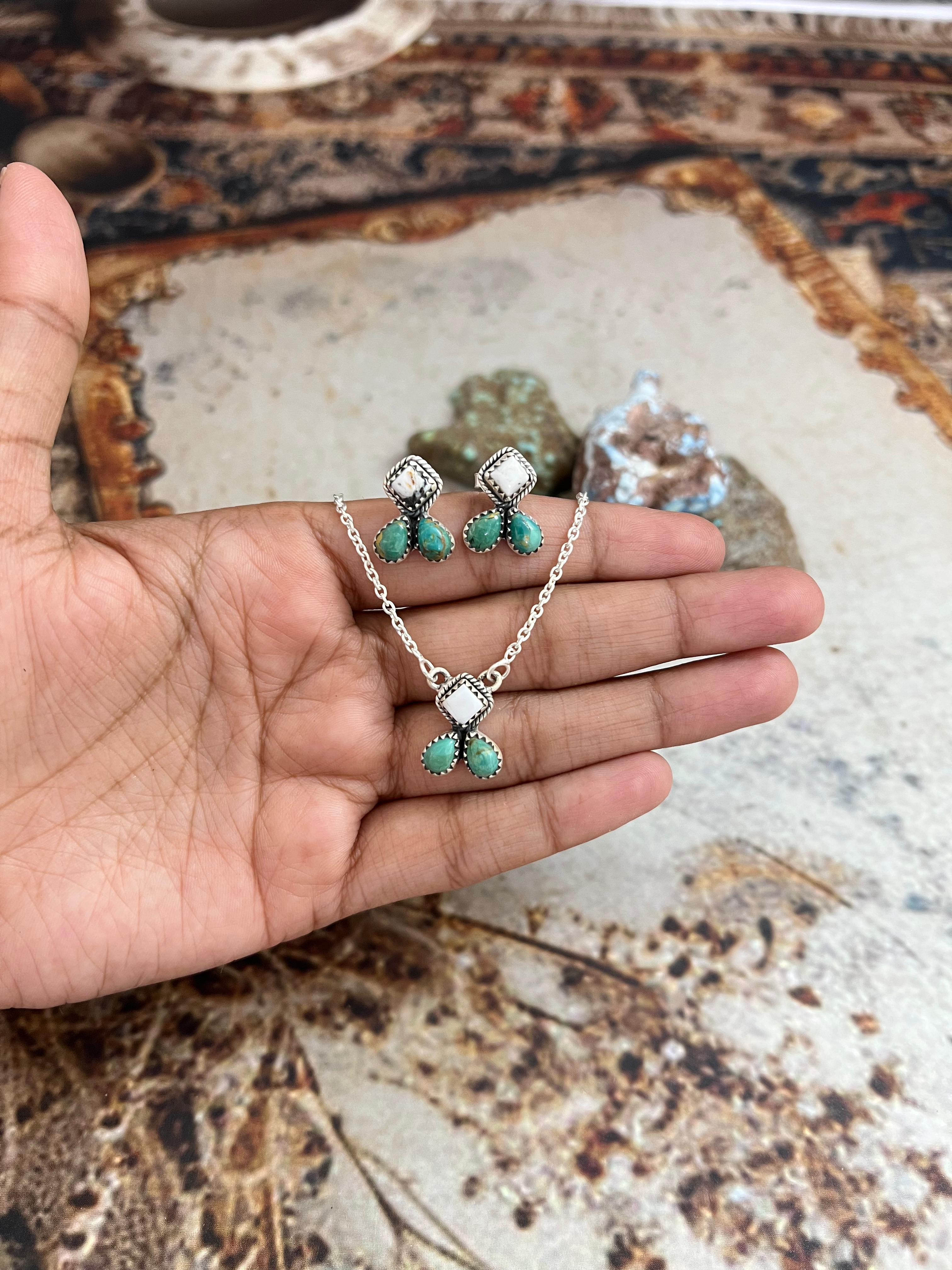 Handmade Sterling Silver White Buffalo with Kingman Necklace Earrings Set, Signed Nizhoni