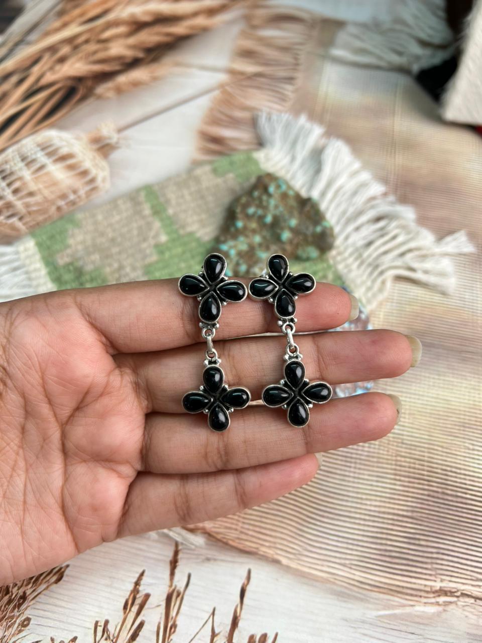 Handmade Sterling Silver Black Onyx Post Dangle Earrings "Signed Nizhoni"