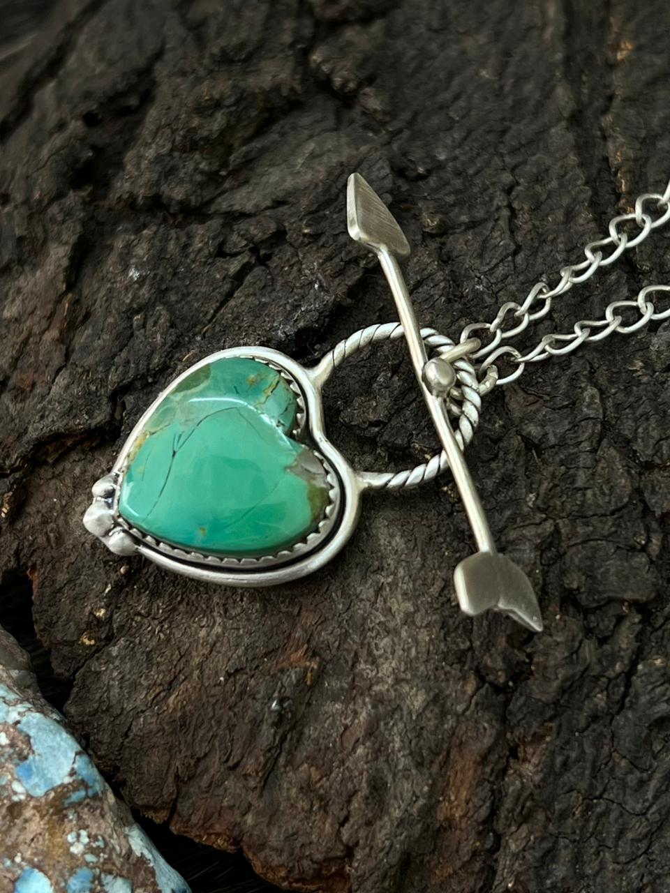 Handmade Sterling Silver Kingman Turquoise Heart Pendant Necklace "Signed Nizhoni"
