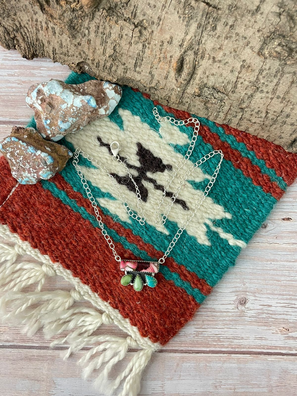 Handmade Sterling Silver Dahlia Rose with Emerald Valley Turquoise Necklace "Signed Nizhoni"