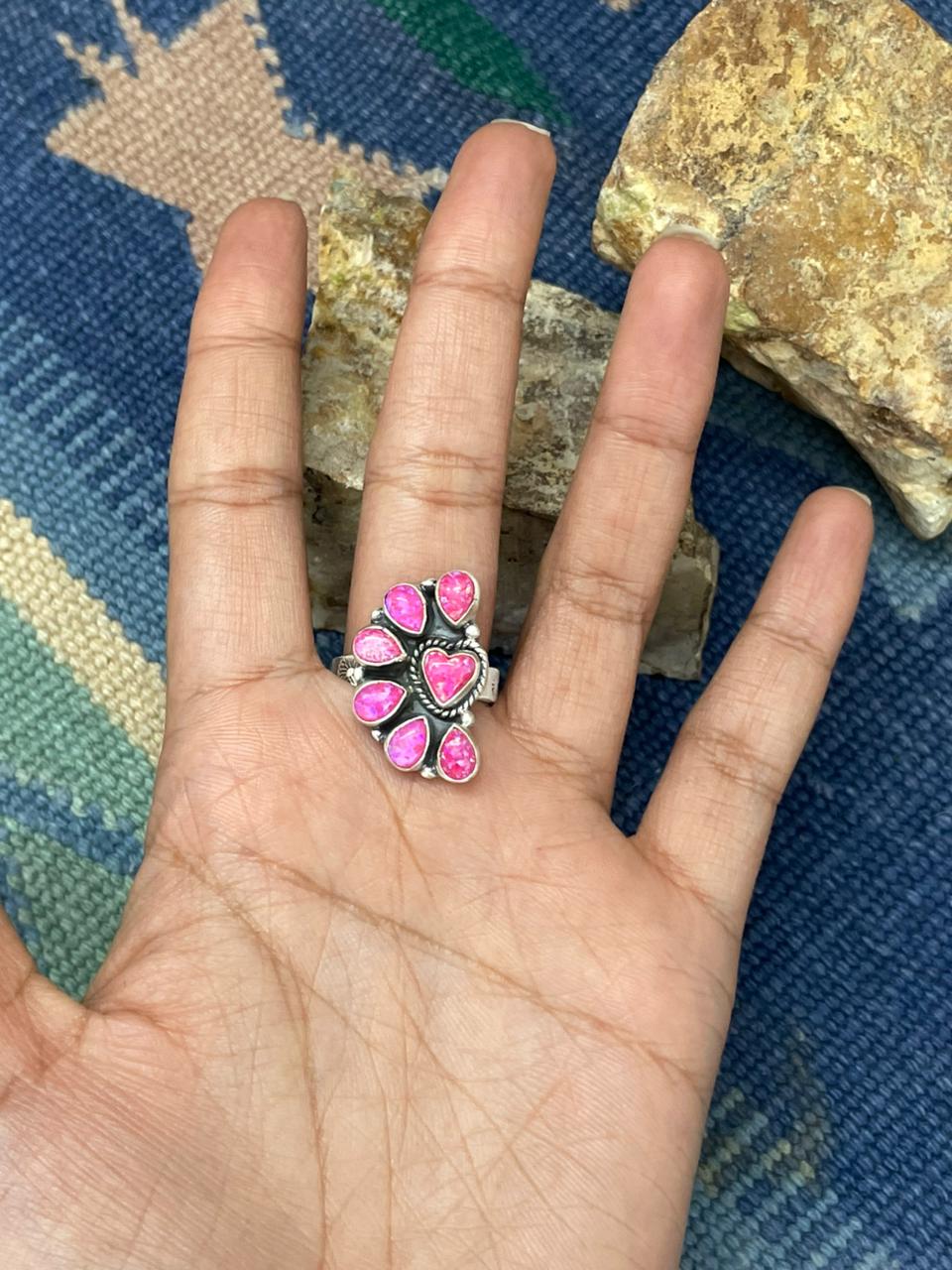 Handmade Sterling Silver Hot Pink Adjustable Ring " Signed Nizhoni"
