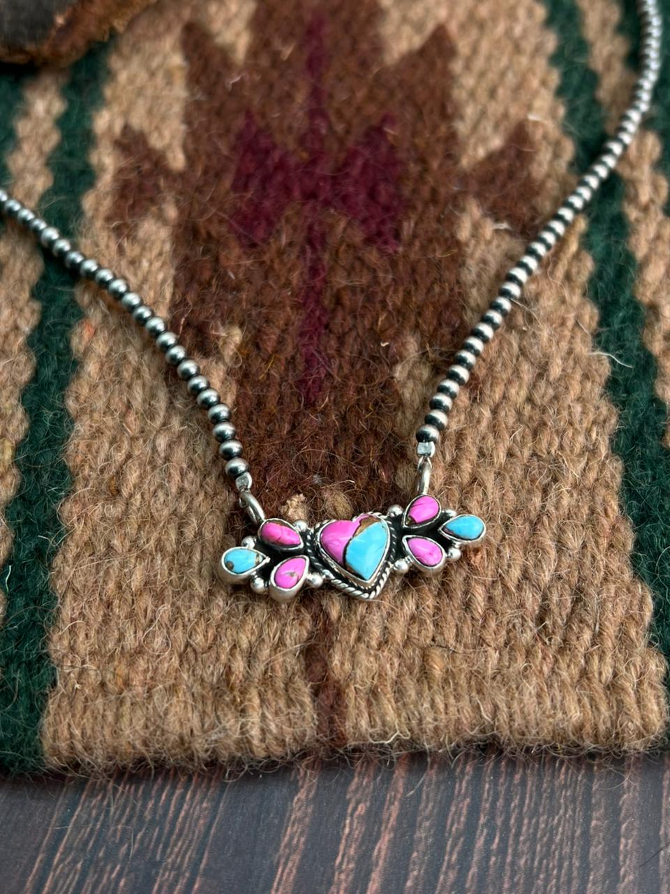 "Heart Collection" Handmade Sterling Silver Beaded Cotton Candy Necklace "Signed Nizhoni"