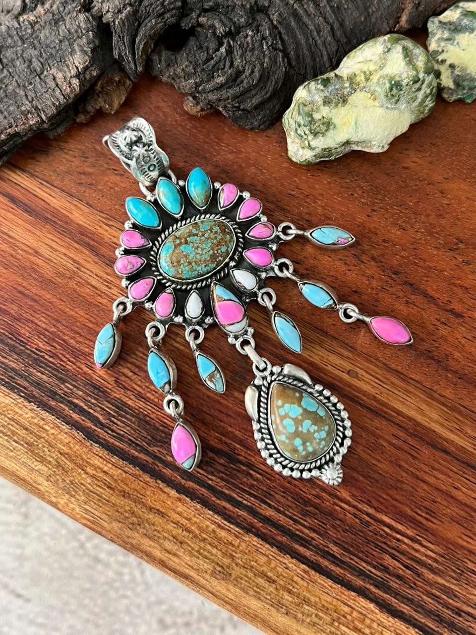 Handmade Sterling Silver Cotton Candy with Number 8 Turquoise Pendant "Signed Nizhoni"