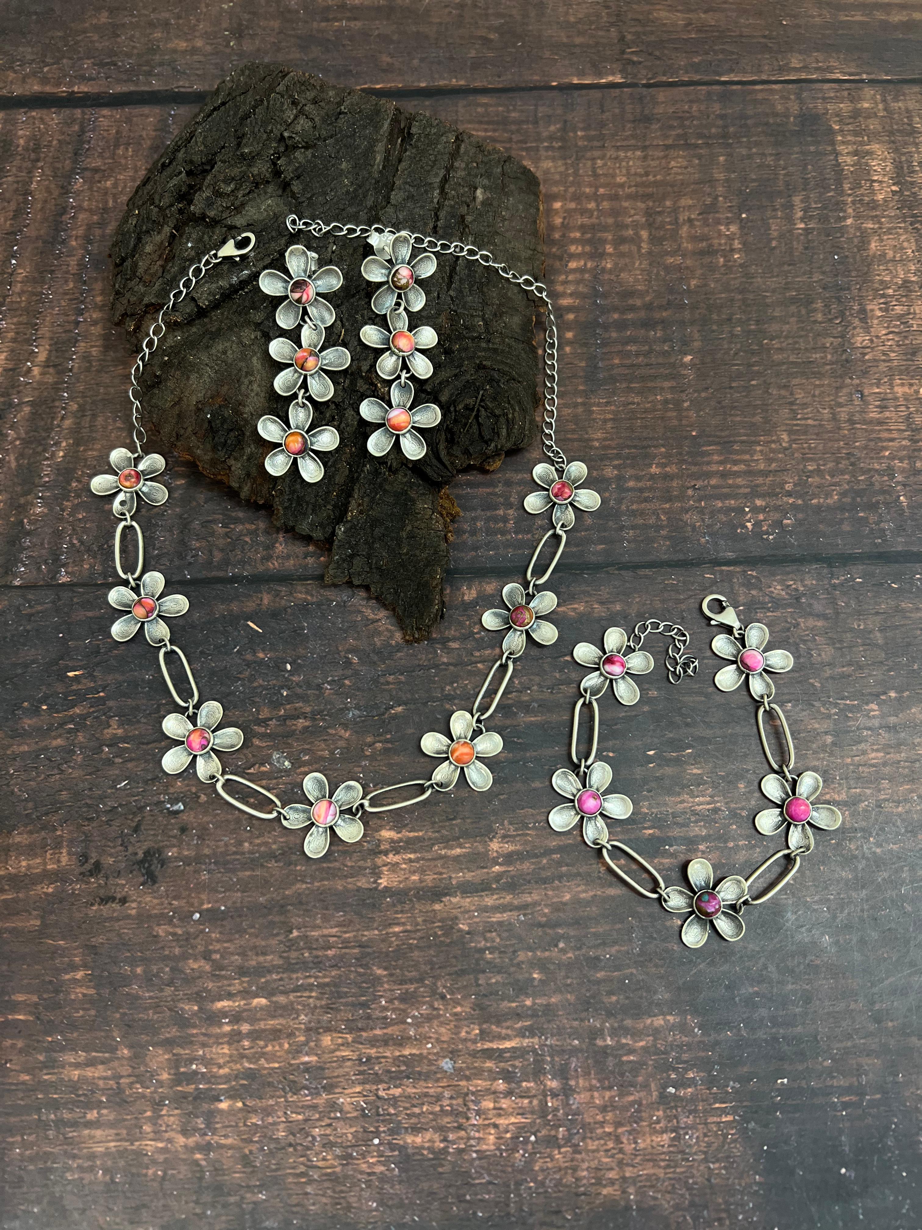 Handmade Sterling Silver Pink Dream Mojave Daisy Necklace Earrings & Bracelet Set with Signed Nizhoni