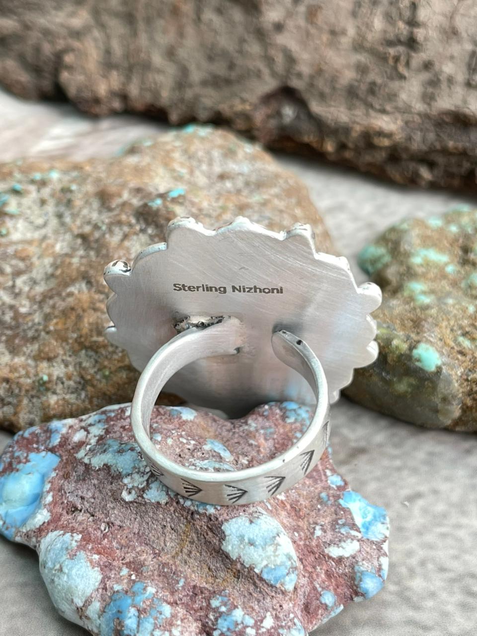 Handmade Sterling Silver Sonoran Mountain Turquoise Adjustable Ring with Signed Nizhoni