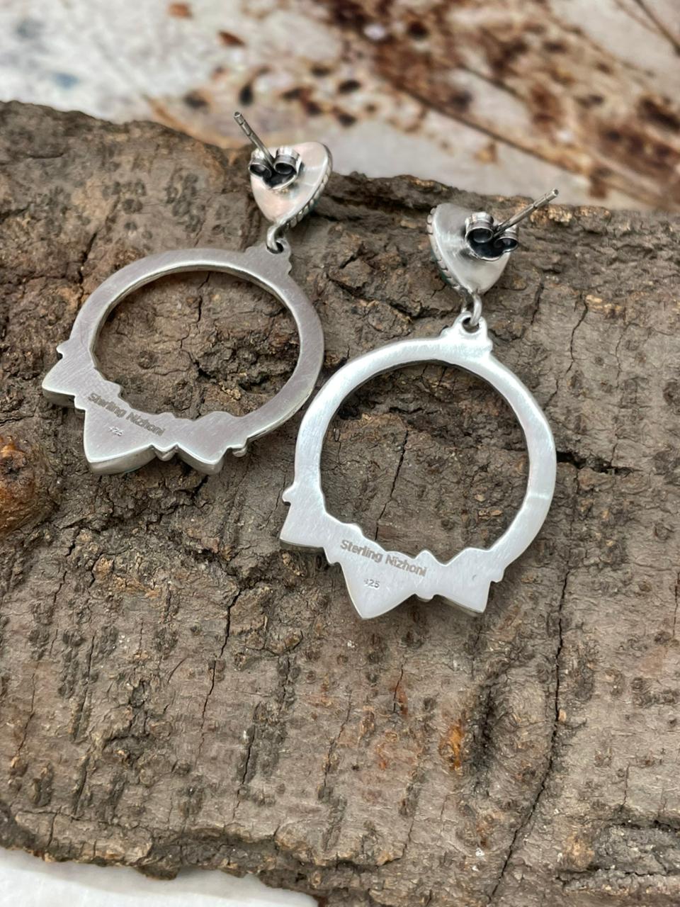 "Heart Collection" Handmade Sterling Silver Kingman Turquoise Post Dangle Hoop Earrings "Signed Nizhoni"