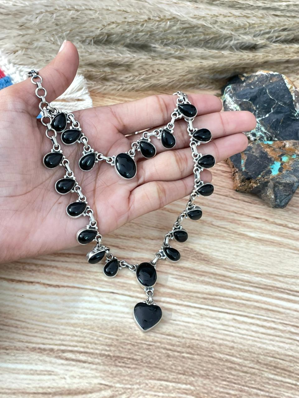 Handmade Sterling Silver Black Onyx Double Strand Necklace "Signed Nizhoni"