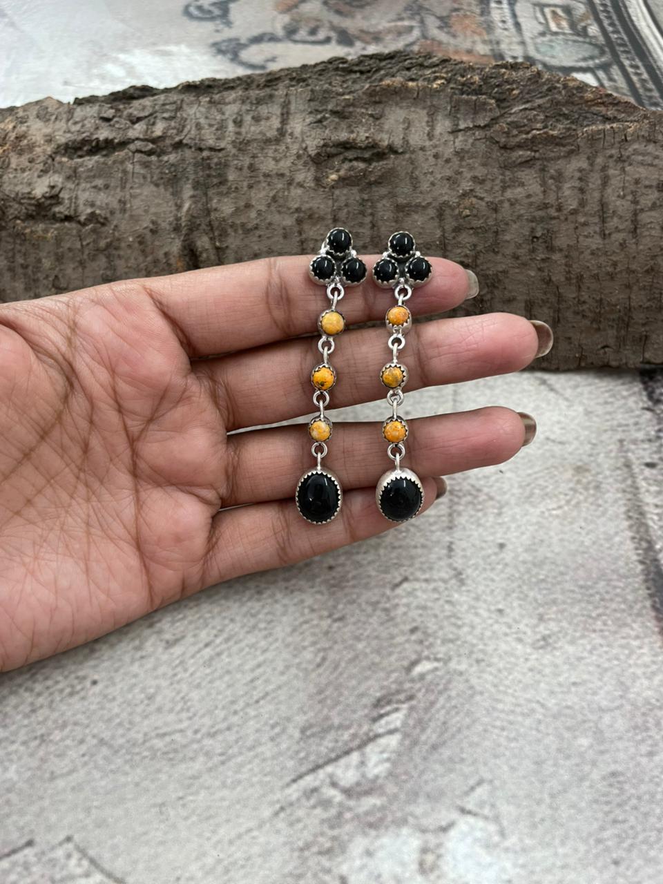 Handmade Sterling Silver Black Onyx, Bumblebee Post Dangle Earrings with Signed Nizhoni