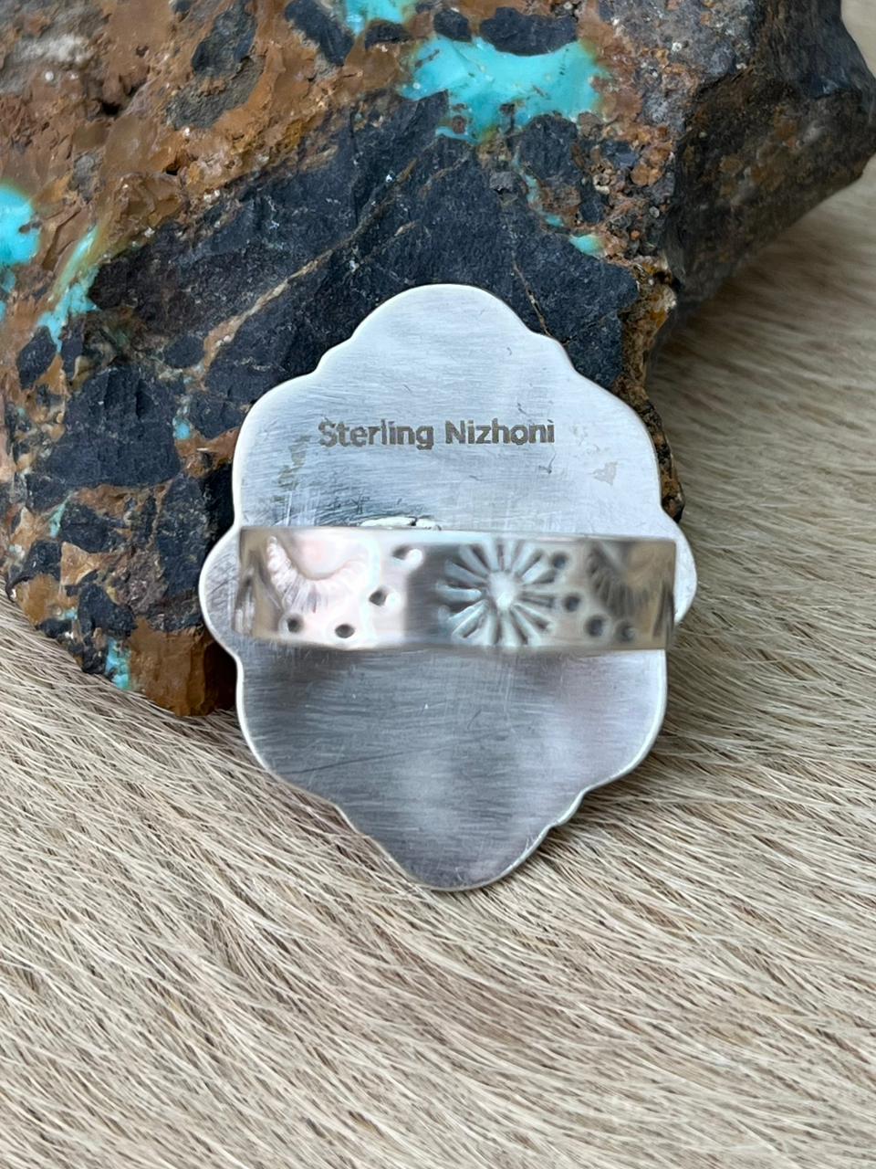 Handmade Sterling Silver Number 8 Turquoise Adjustable Ring "Signed Nizhoni"