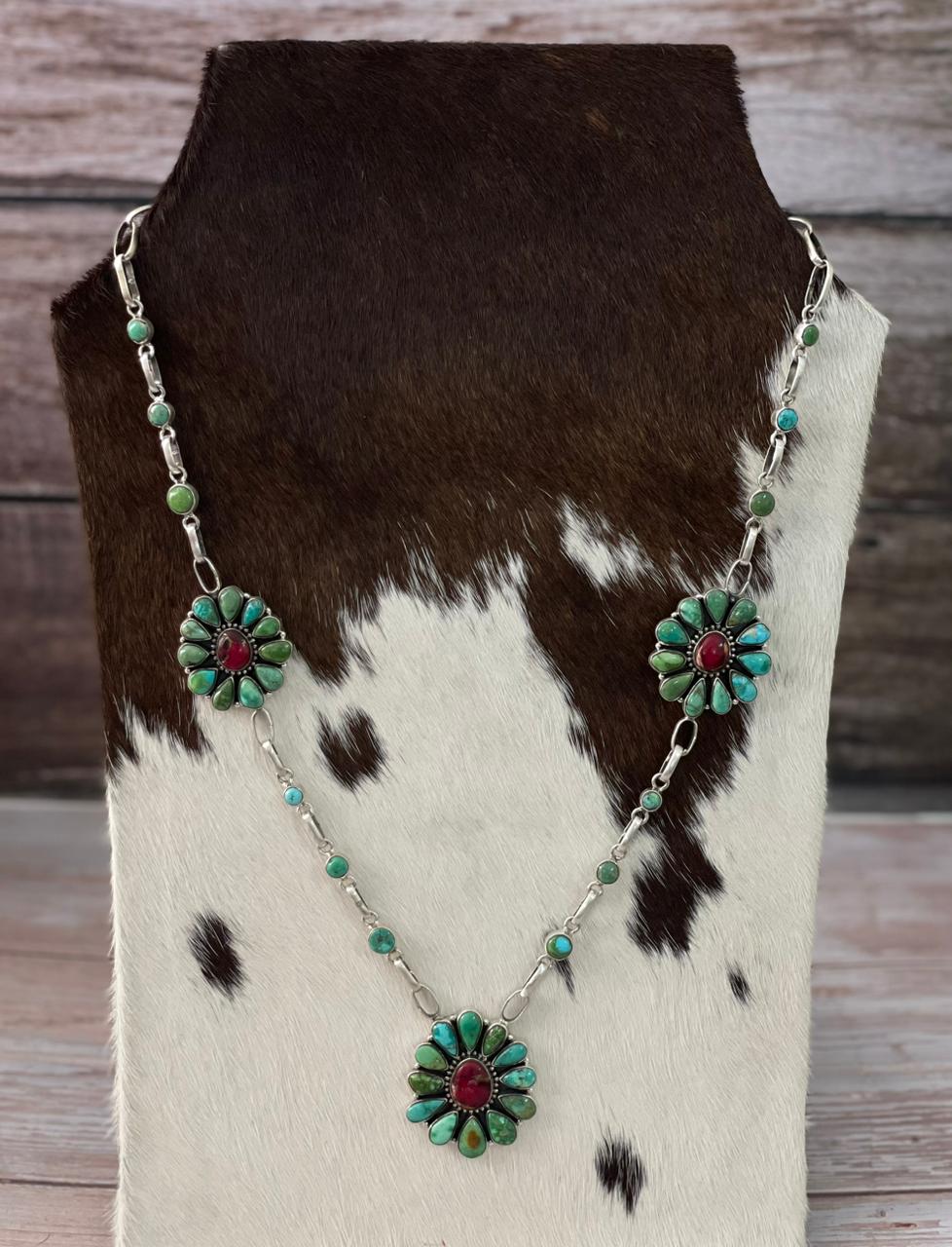 Handmade Sterling Silver Dahlia Rose with Emerald Valley Turquoise Necklace "Signed Nizhoni"