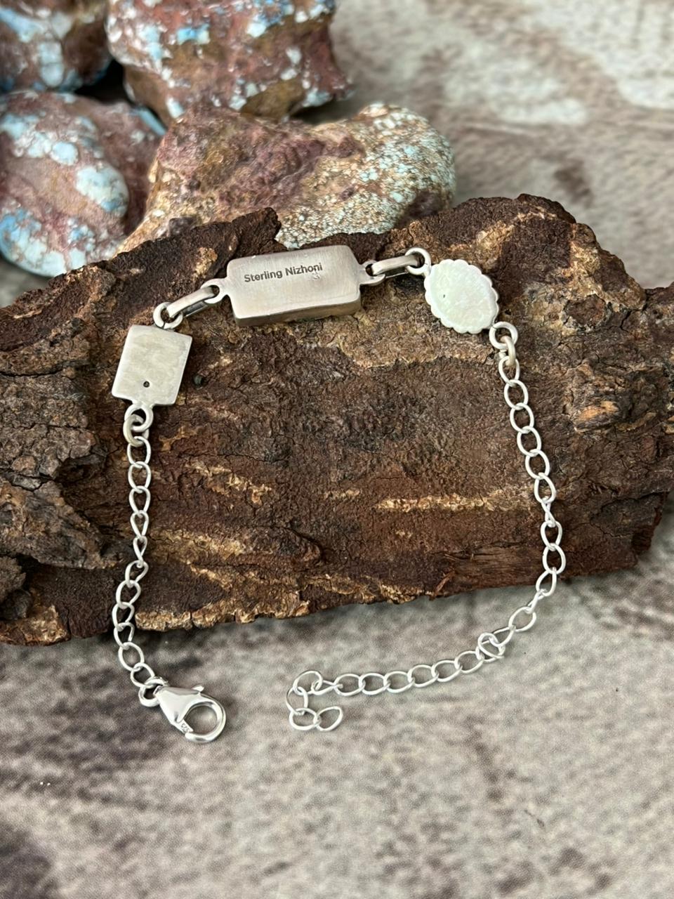 Handmade Sterling Silver Golden Hills Turquoise Cobble Collection Chain Bracelet "Signed Nizhoni"