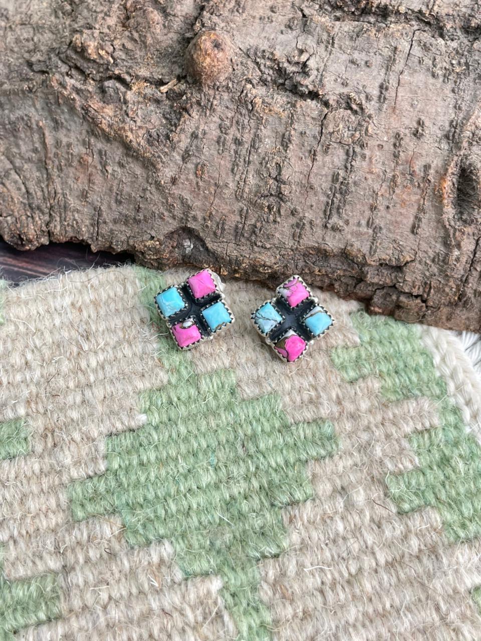 Handmade Sterling Silver Cotton Candy Post Studs Earrings "Signed Nizhoni"