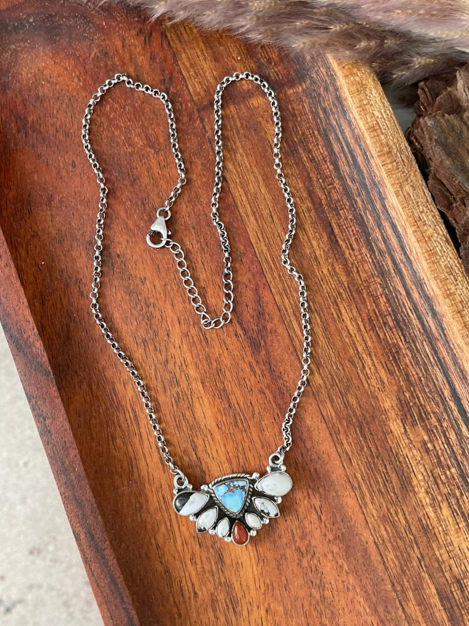 Handmade Sterling Silver Canyon Sunset Collection: Golden Hills Turquoise with White Buffalo and Carnelian Necklace "Signed Nizhoni" (8)