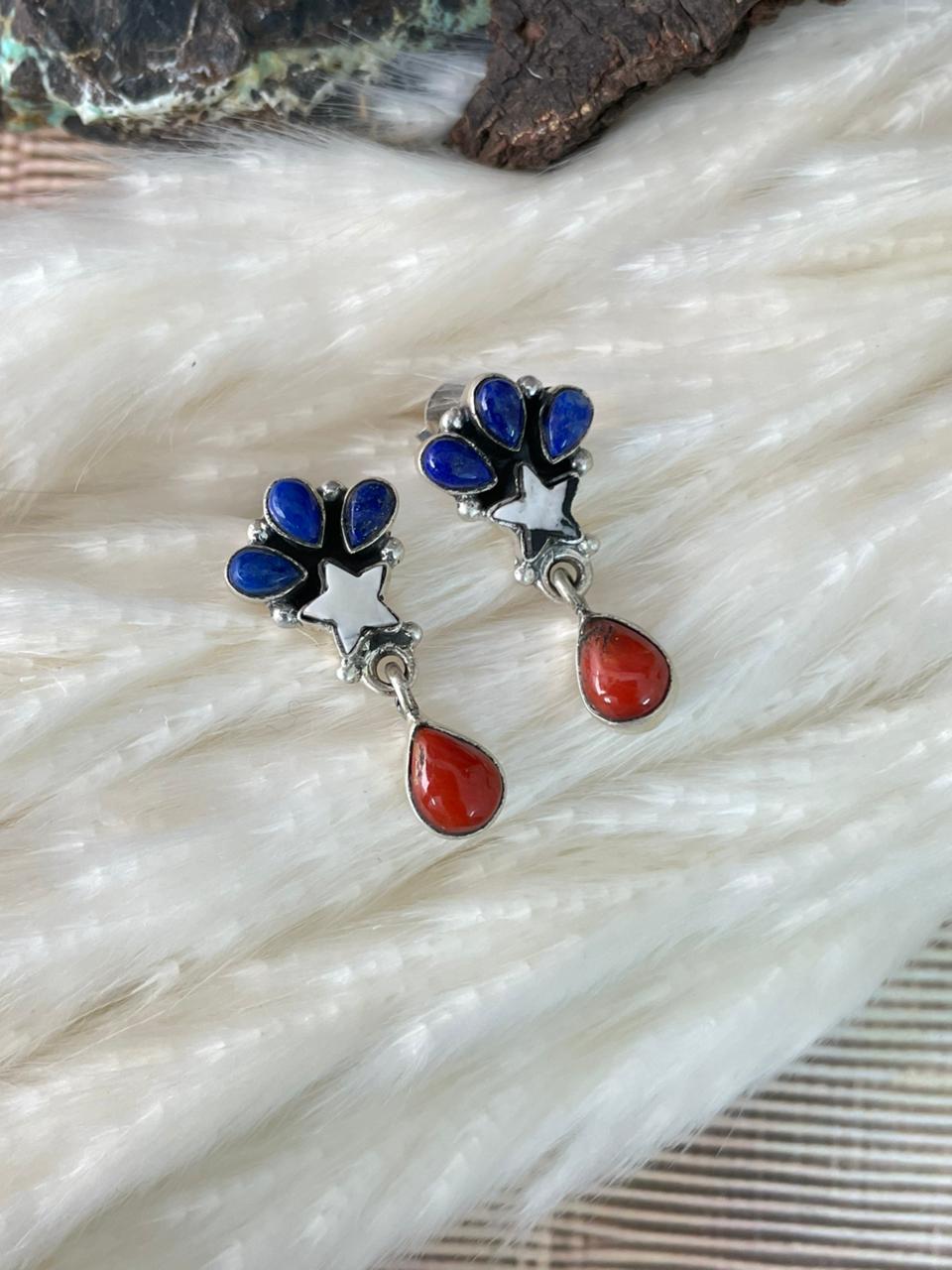 Handmade Sterling Silver 4th Of July Collection: Coral with Lapis and White Buffalo Post Dangle Earrings "Signed Nizhoni"