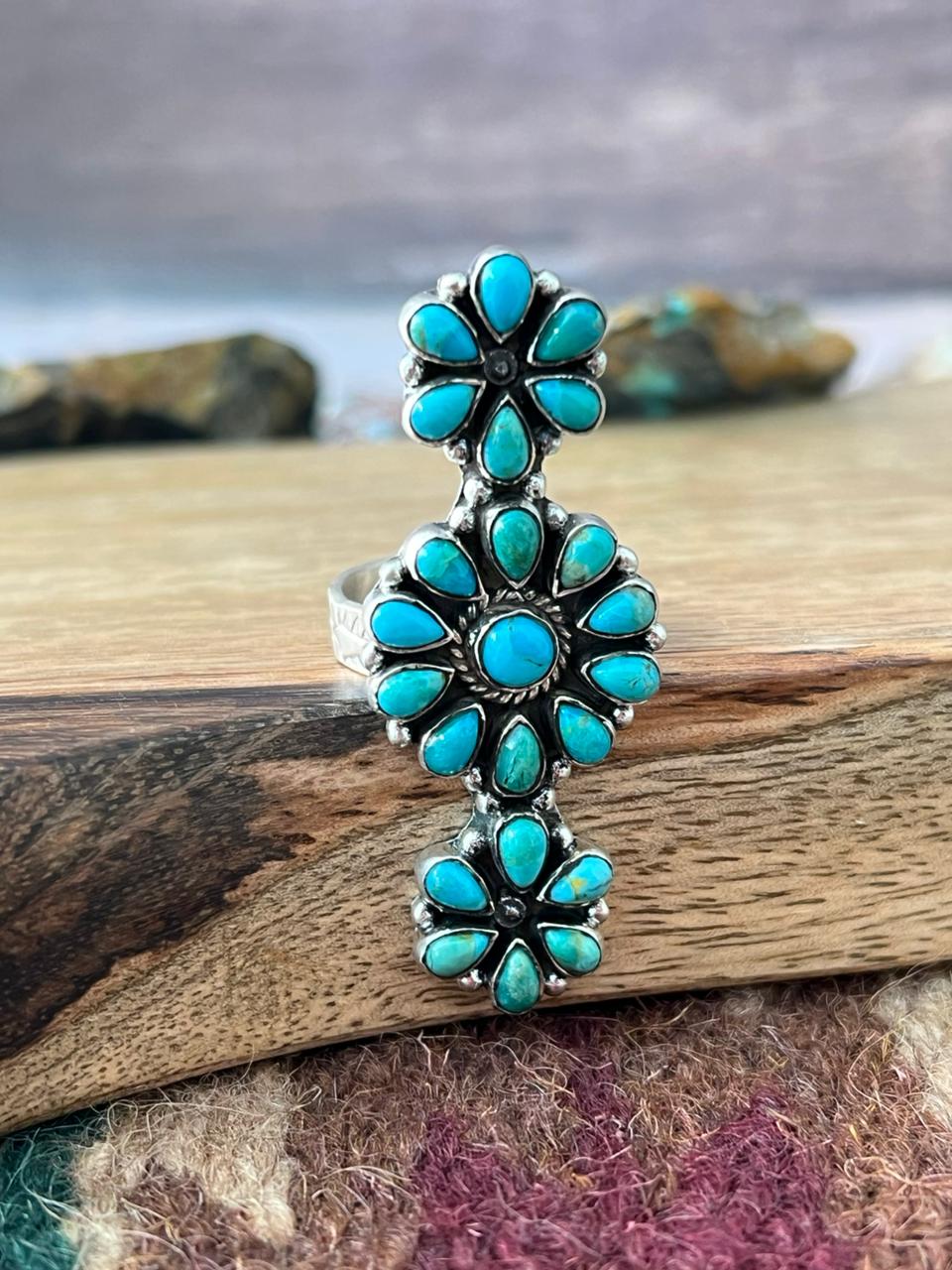 Handmade Sterling Silver Kingman Turquoise Adjustable Ring "Signed Nizhoni"