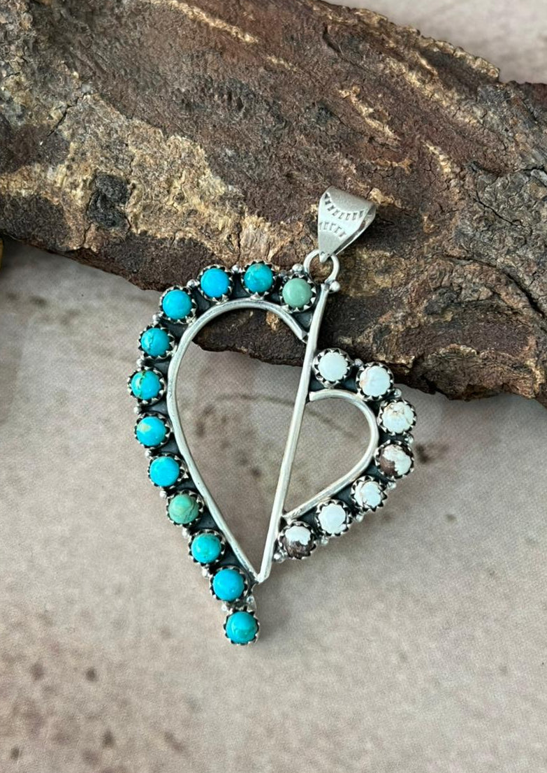 Handmade Sterling Silver Mama Collection: Kingman Turquoise with Wild horse Magnesite Heart Pendant "Signed Nizhoni"