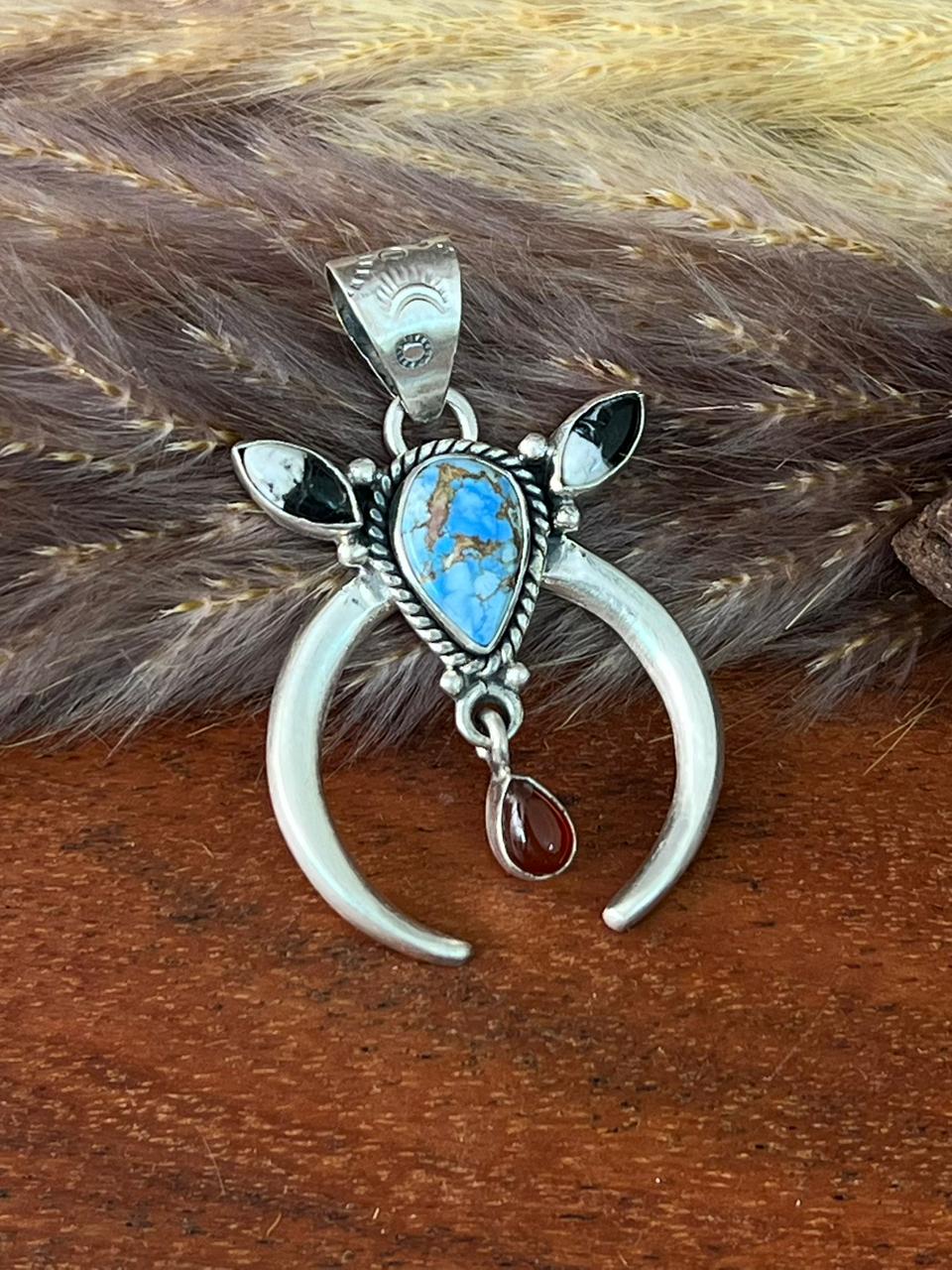 Handmade Sterling Silver Canyon Sunset Collection: Golden Hills Turquoise with White Buffalo and Carnelian Naja Pendant "Signed Nizhoni"