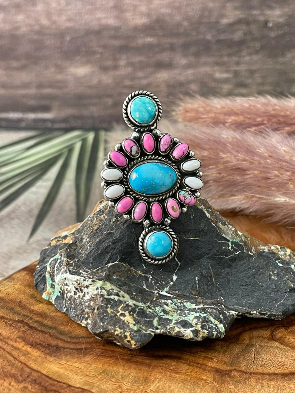 Handmade Sterling Silver Sierra Bella Turquoise with Cotton Candy Collection: Adjustable Ring "Signed Nizhoni"