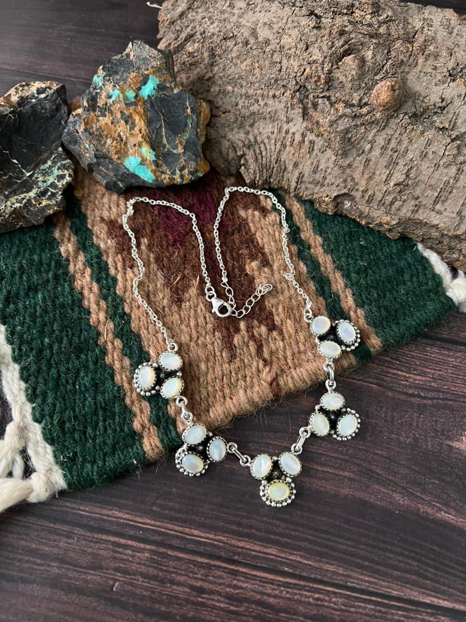 Handmade Sterling Silver Wedding Collection: Mother of Pearl Necklace "Signed Nizhoni"