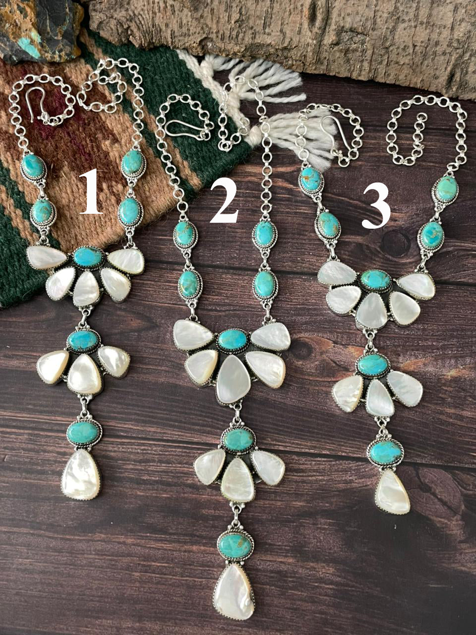 Handmade Sterling Silver Wedding Collection: Mother of Pearl with Kingman Turquoise "Signed Nizhoni"