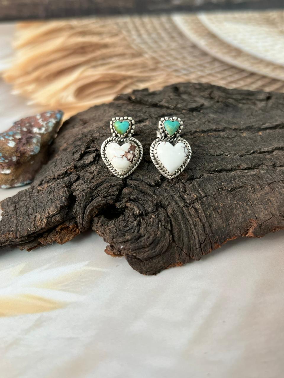 Handmade Sterling Silver Wildhorse Magnesite with Kingman Turquoise Heart Post Studs Earrings "Signed Nizhoni"