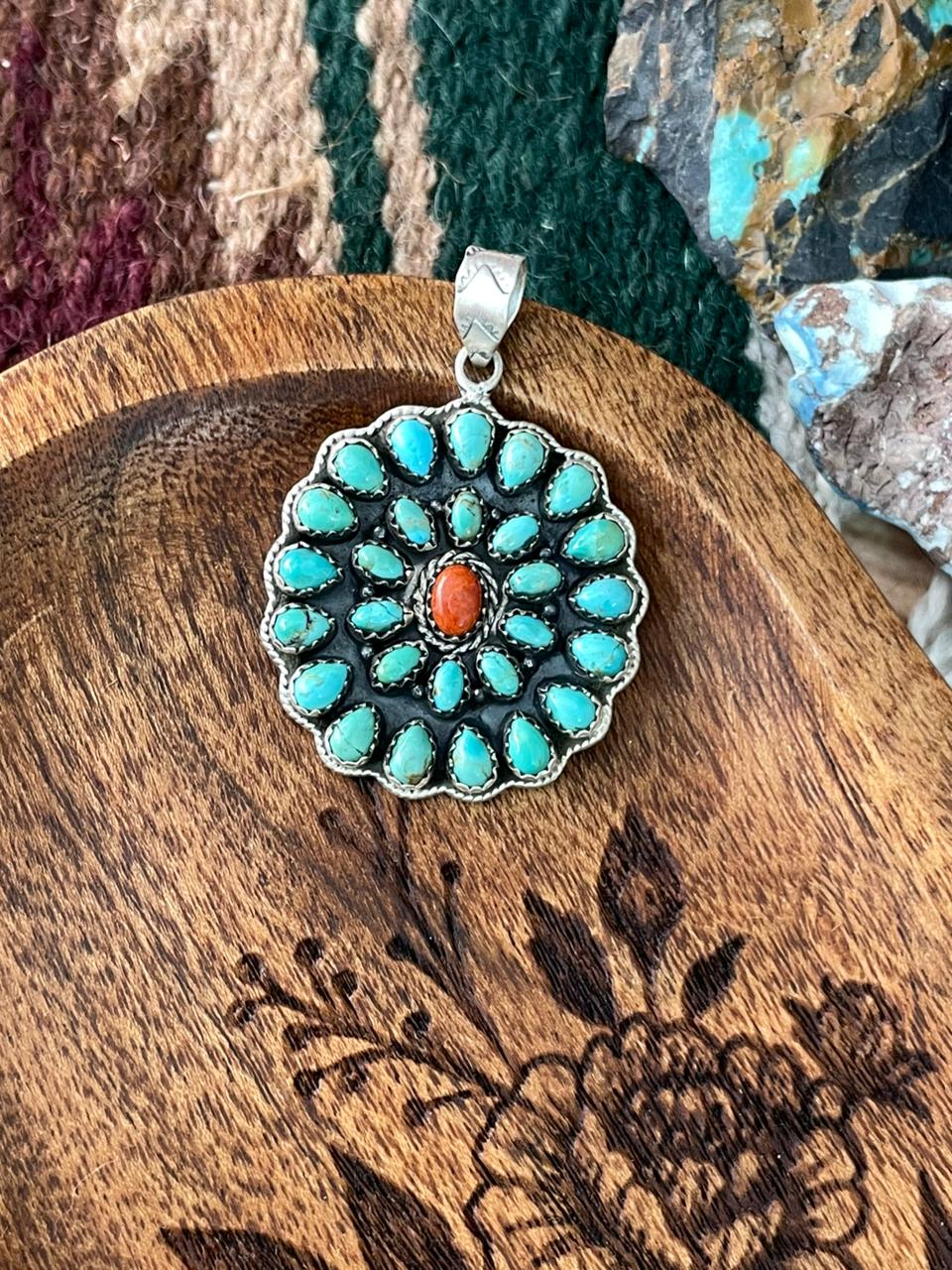 Handmade Sterling Silver Kingman Turquoise with Orange Mojave Pendant "Signed Nizhoni"