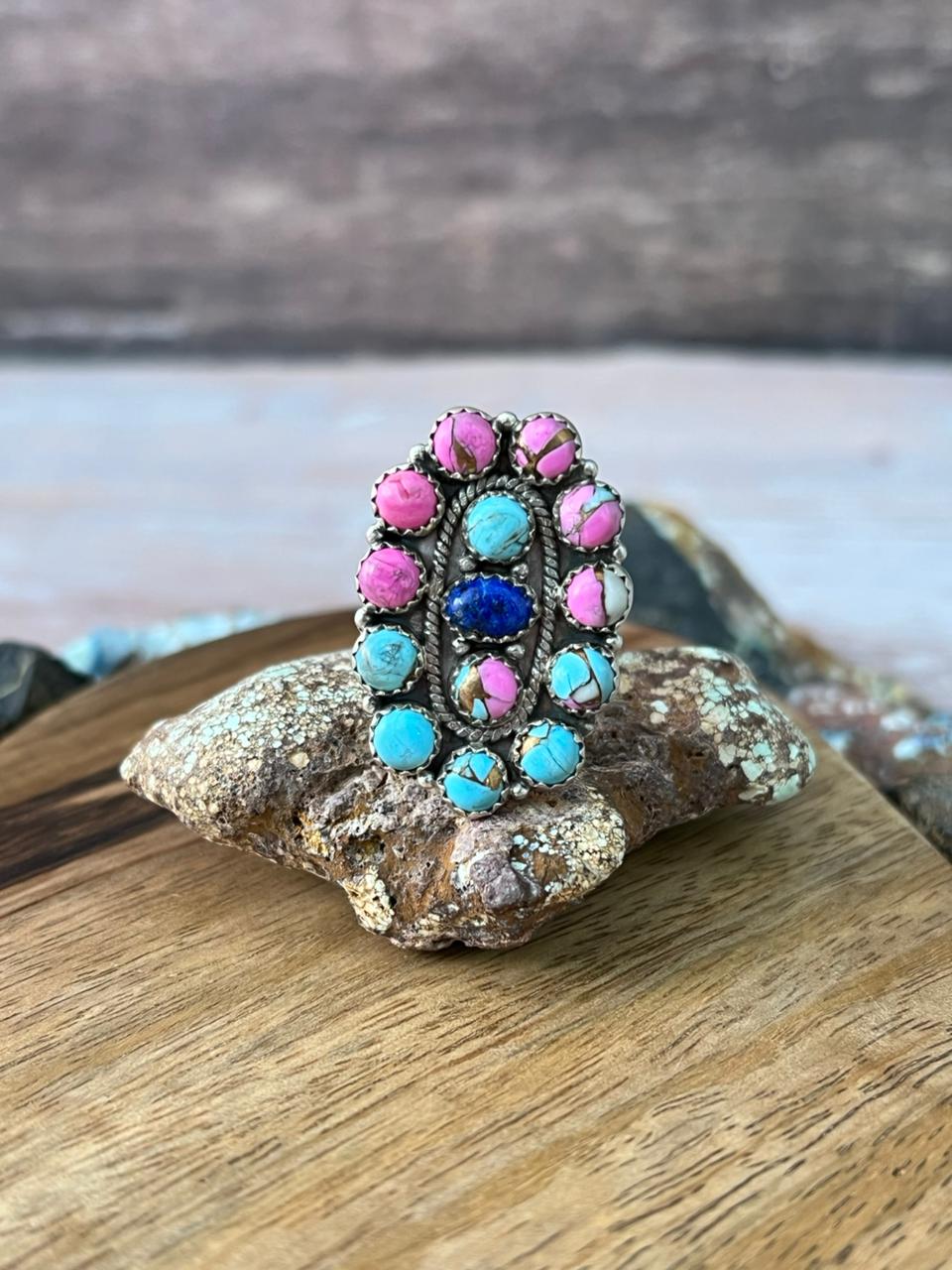 Handmade Sterling Silver Cotton Candy with Lapis Adjustable Ring "Signed Nizhoni"