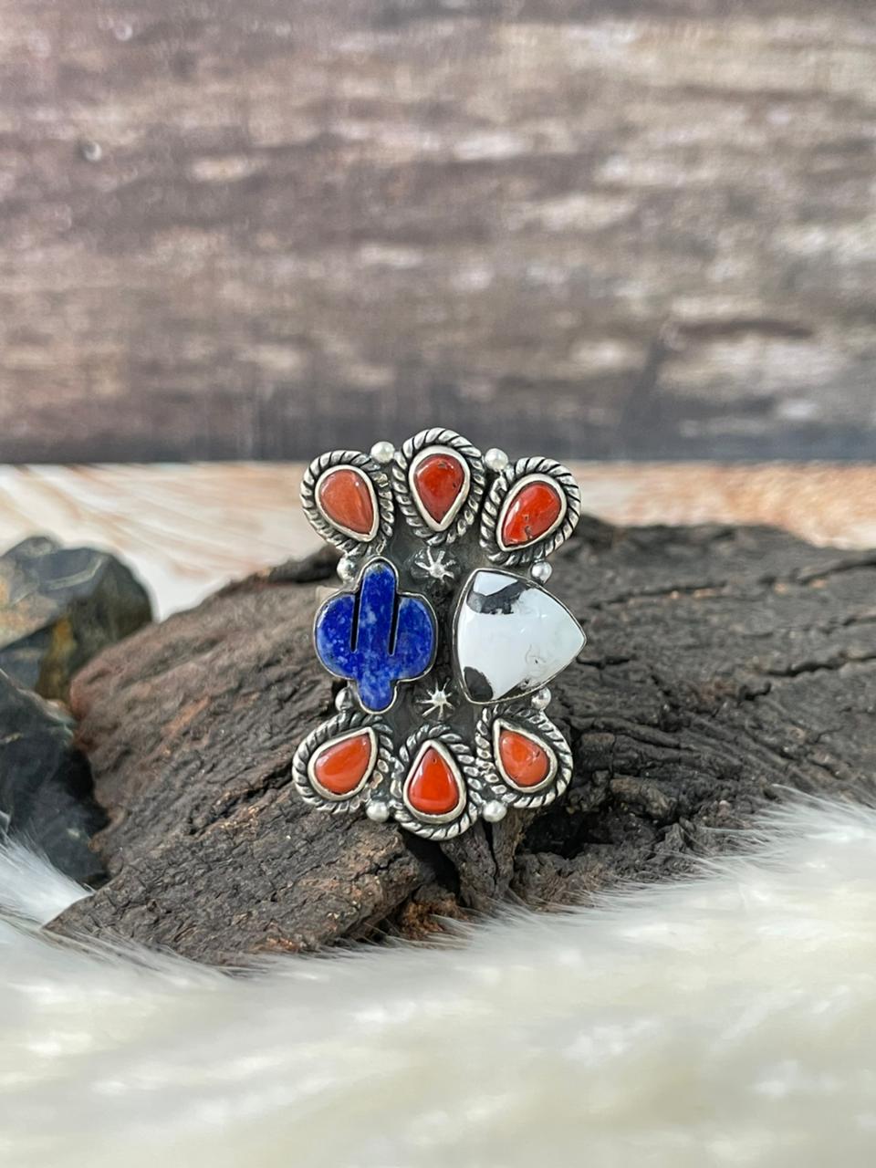 Handmade Sterling Silver 4th Of July Collection: Coral with Lapis and White Buffalo Adjustable Ring "Signed Nizhoni" (9)