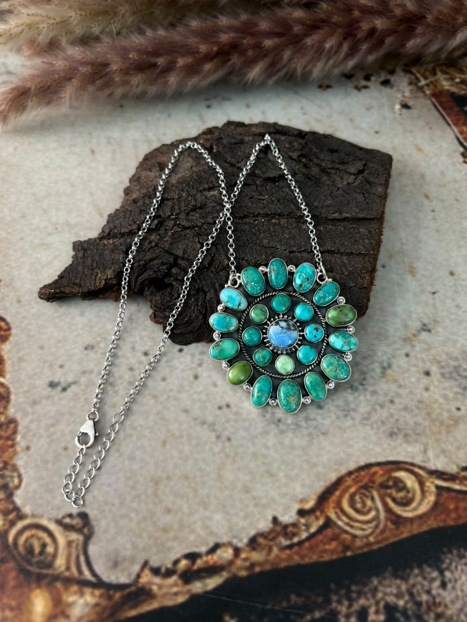 Handmade Sterling Silver Emerald Valley with Golden Hills Turquoise Collection: Necklace Signed Nizhoni