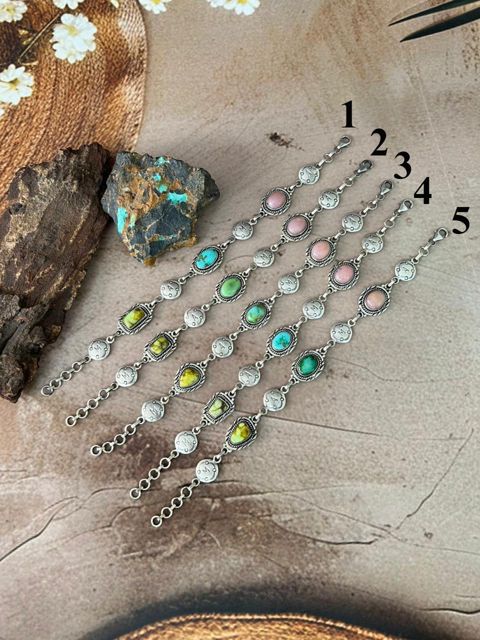 Handmade Sterling Silver Mama Collection: Pink Opal with Sonoran Mountain and Palomino Turquoise Bracelet "Signed Nizhoni"