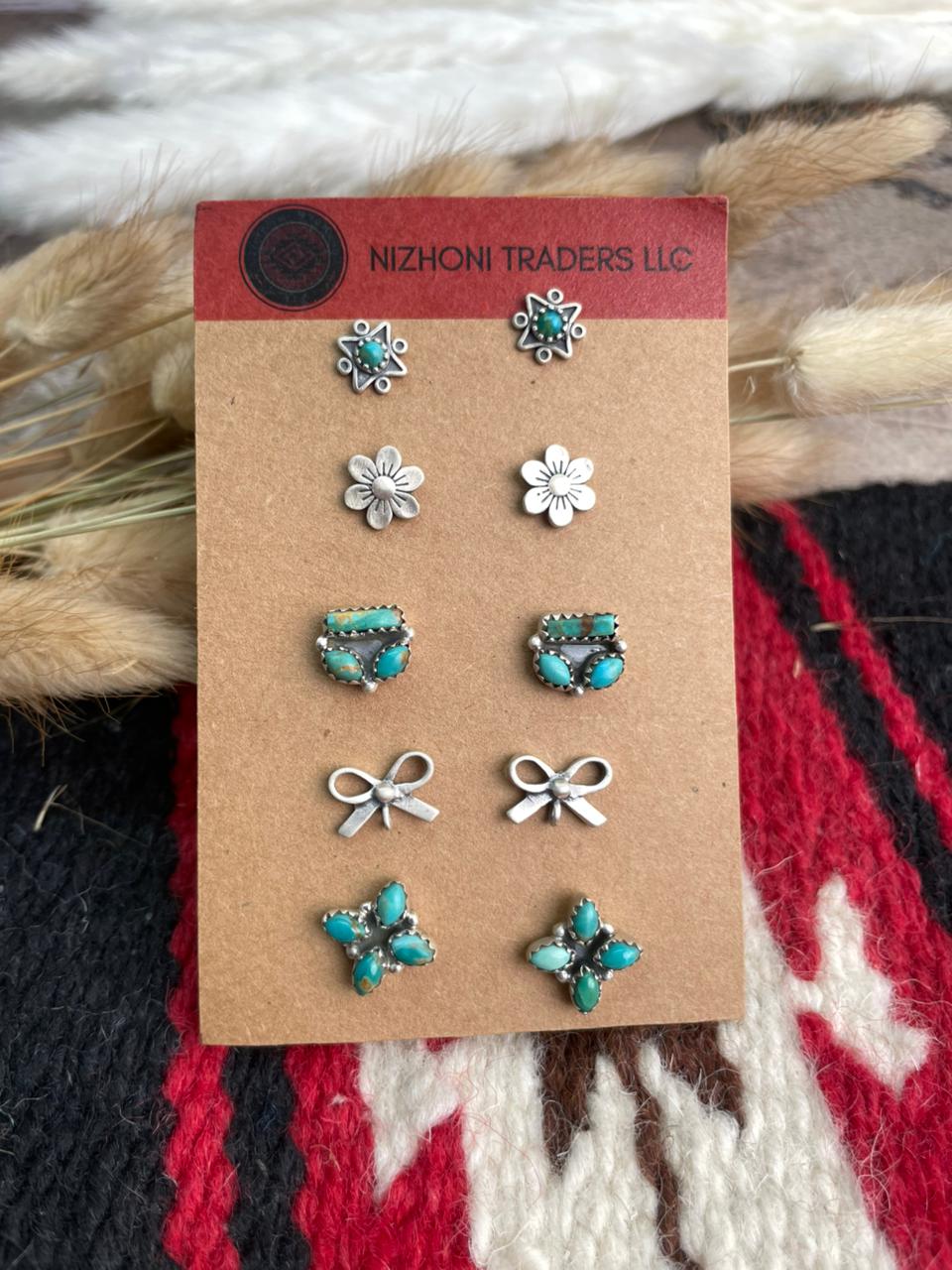 Handmade Sterling Silver Kingman Turquoise Post Studs Heart Earrings Card Set