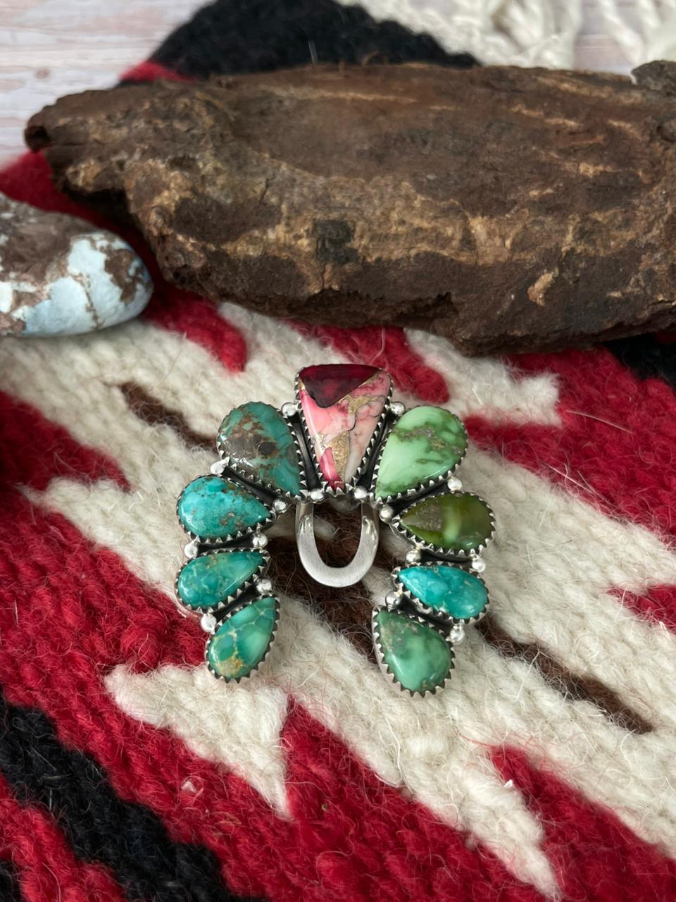 Handmade Sterling Silver Dahlia Rose with Emerald Valley Turquoise Purse Key Clip "Signed Nizhoni"